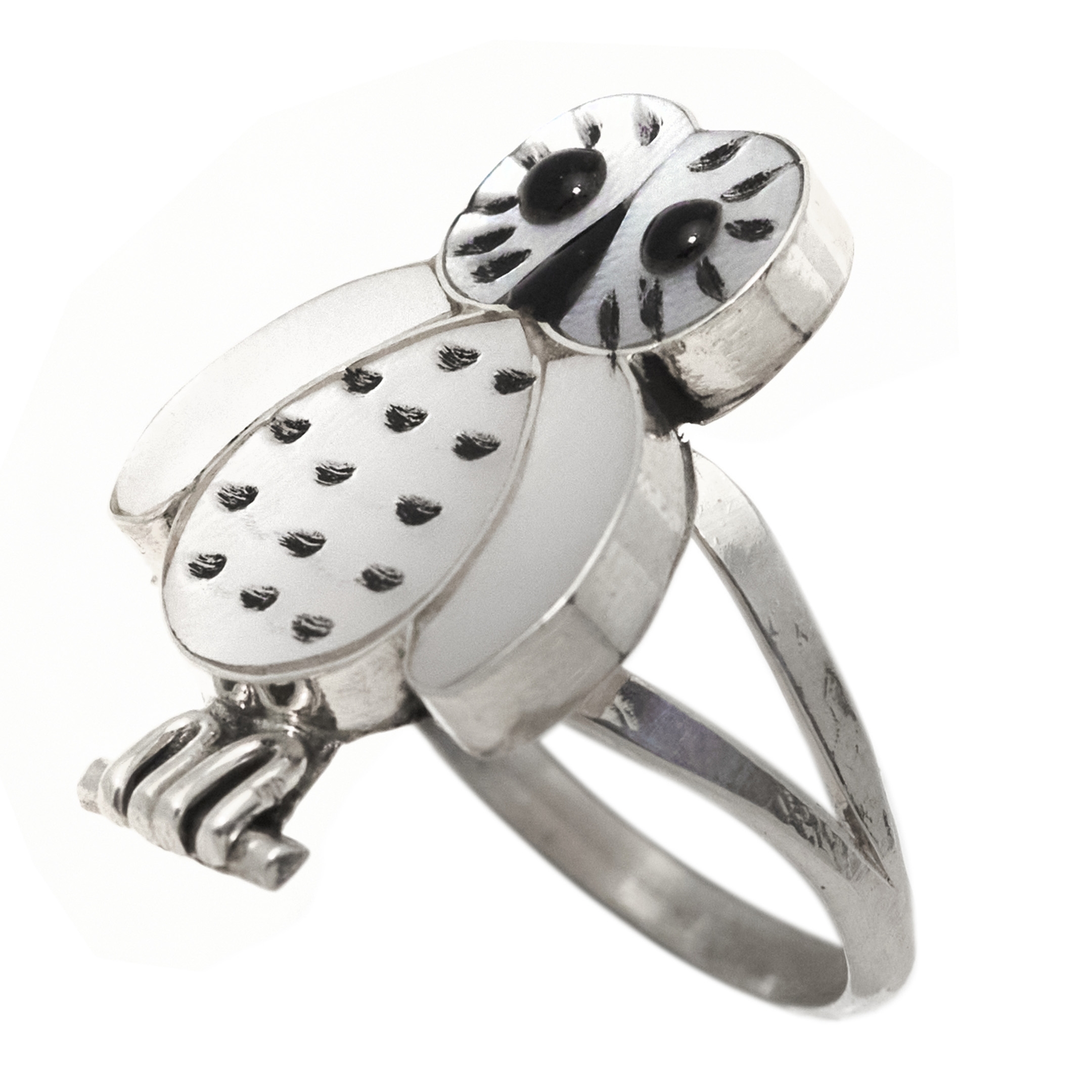 Bague Zuni, chouette blanche en marqueterie BA1482 - Harpo Paris