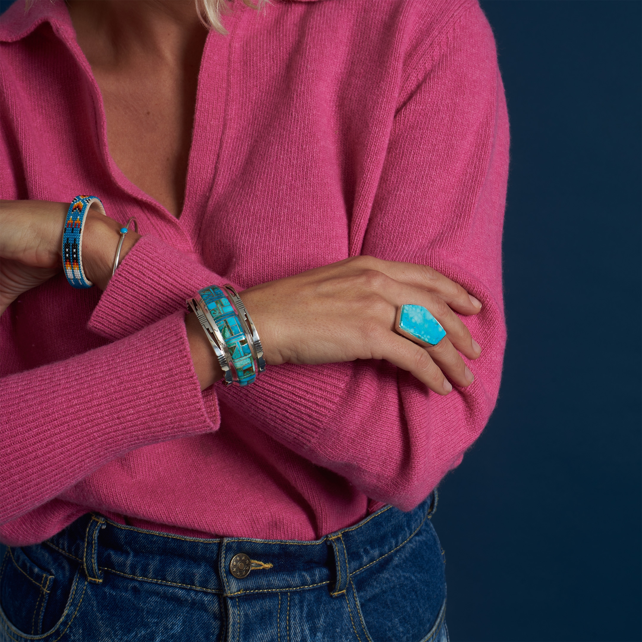 Navajo bracelet for women, inlaid of turquoises, BR204 - Harpo Paris