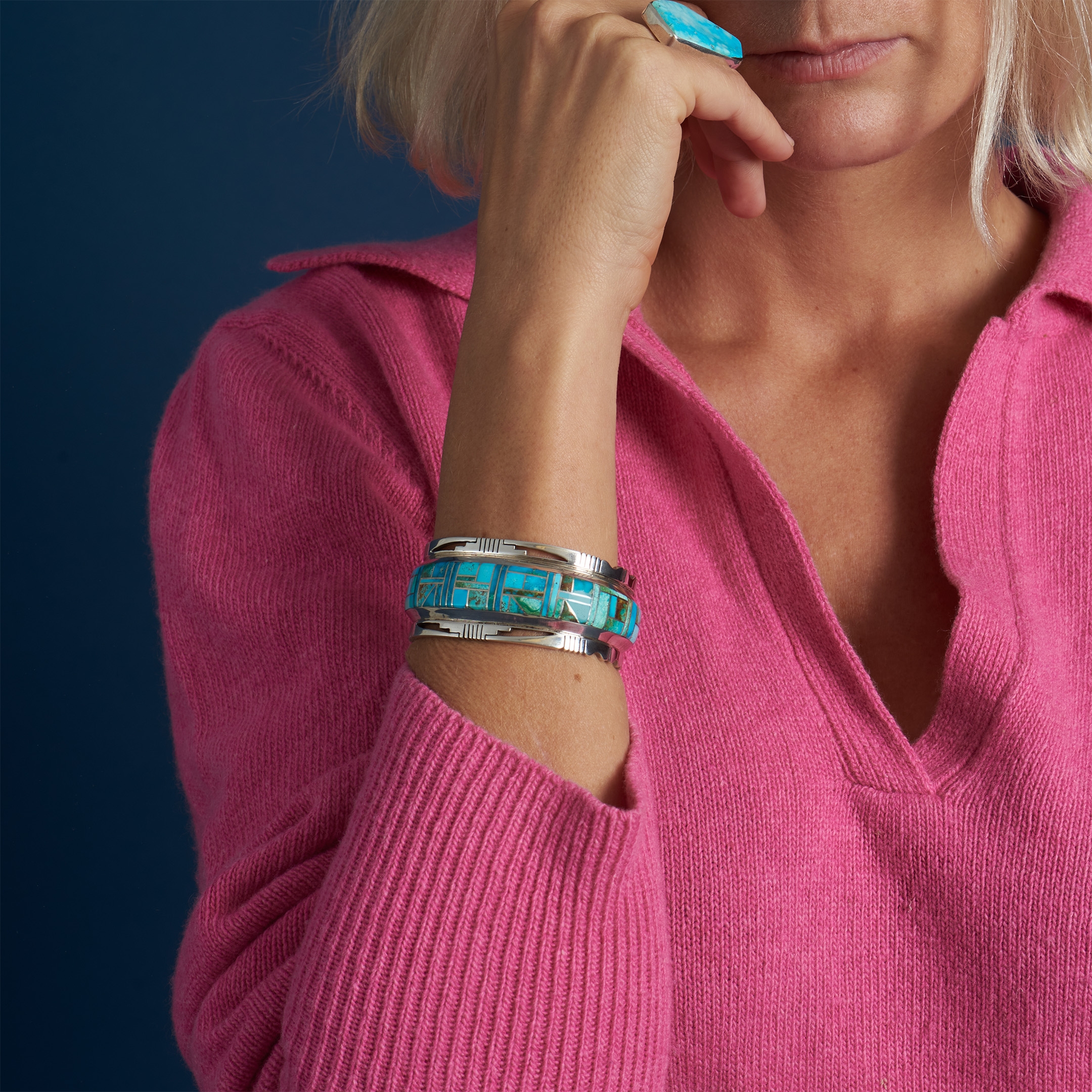 Navajo bracelet for women, inlaid of turquoises, BR204 - Harpo Paris