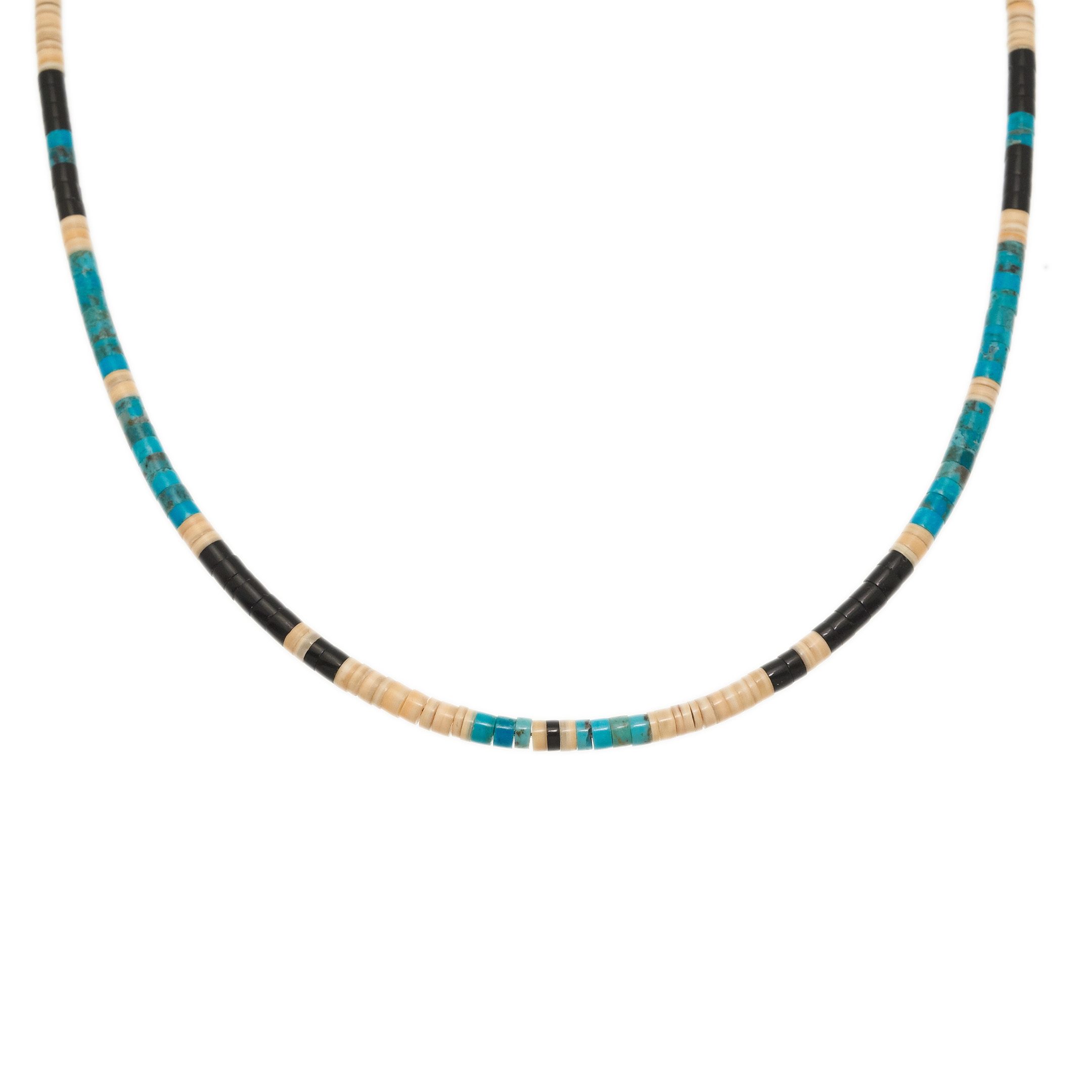 Collier Pueblo COP10 en perles Heishi de turquoise, coquillage melo melo et jais.