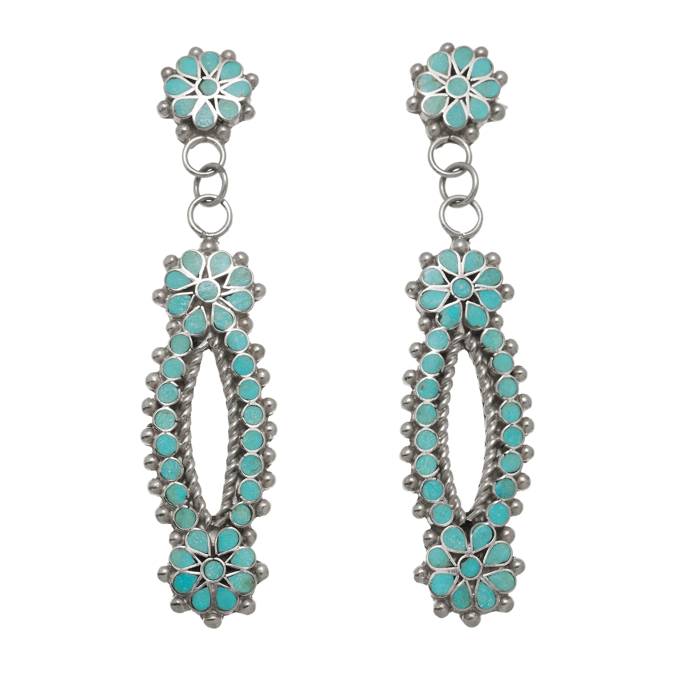 Zuni Earrings in flower shape, inlaid of turquoises BO452 - Harpo Paris