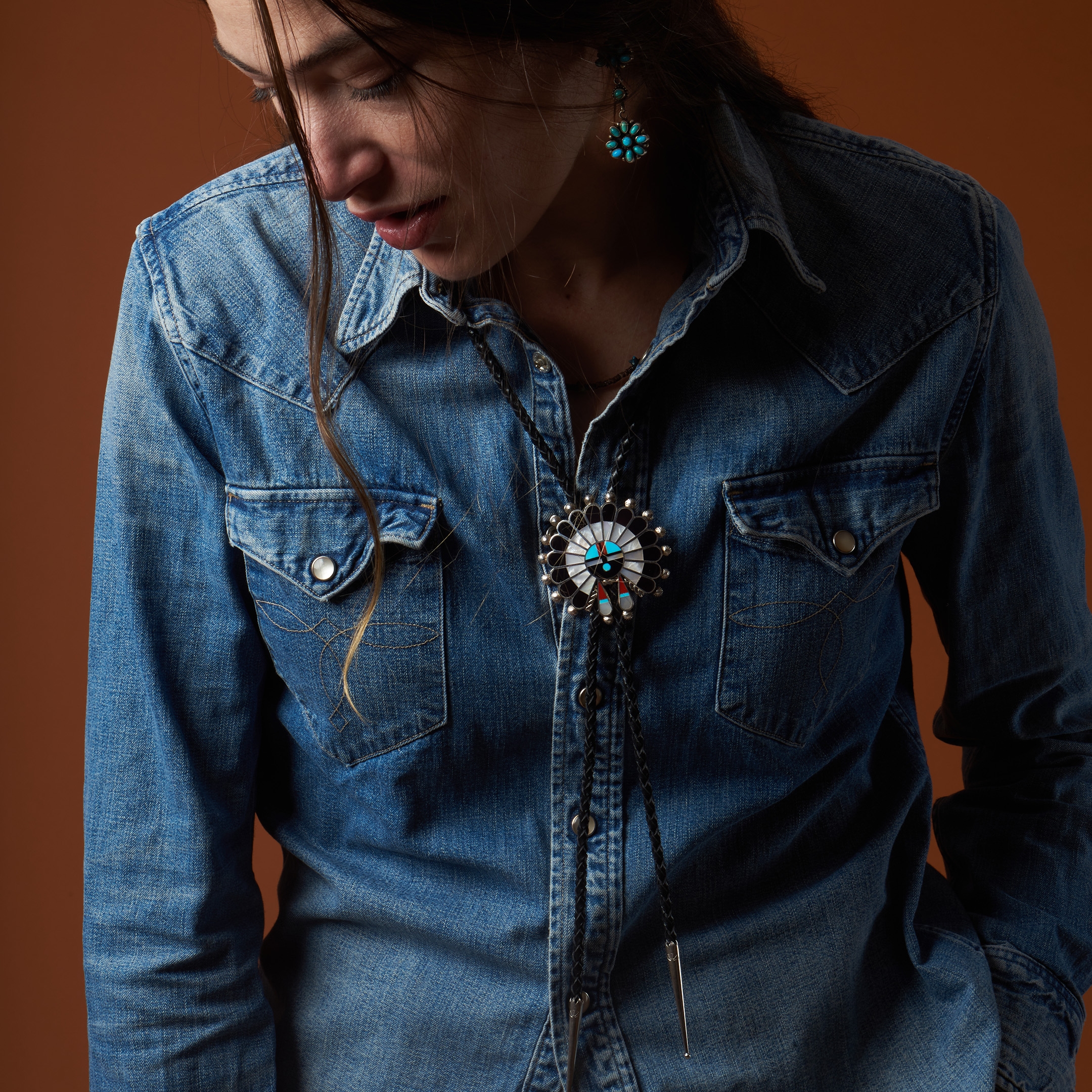 Zuni Sunface inlay and silver Bolo tie BT69 - Harpo Paris