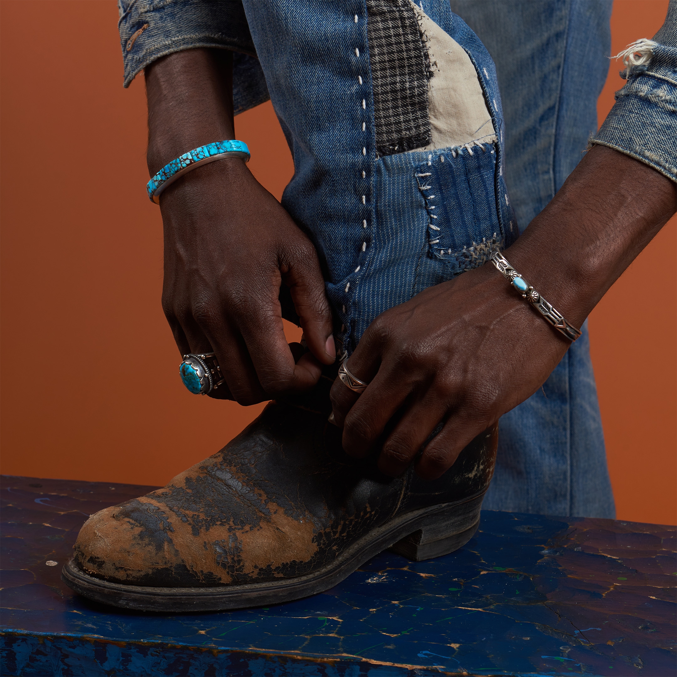Zuni bracelet in Mountain Turquoise cobble inlay BR897 - Harpo Paris