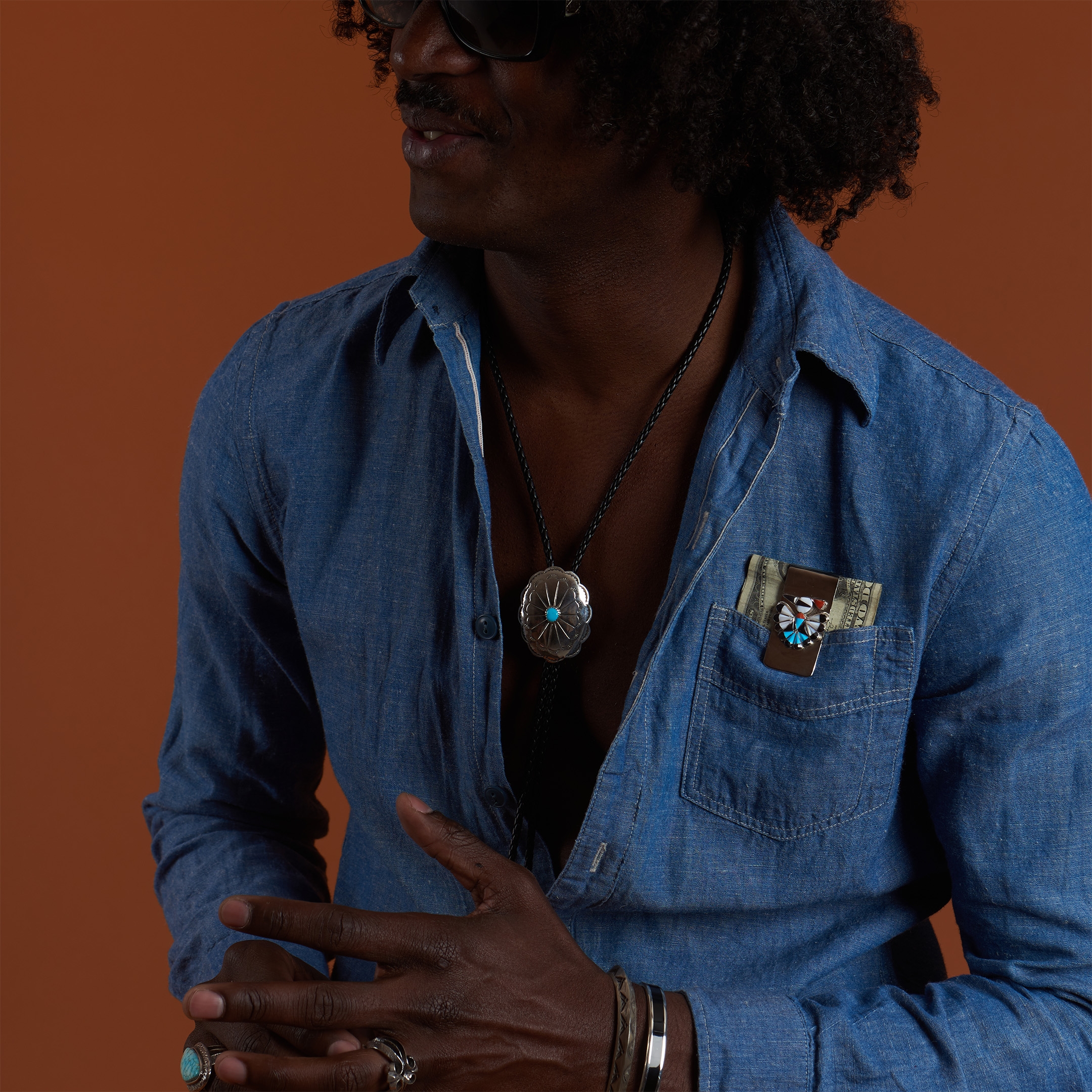 Money clip with a Thunder Bird inlaid of multistones, PB13 - Harpo Paris