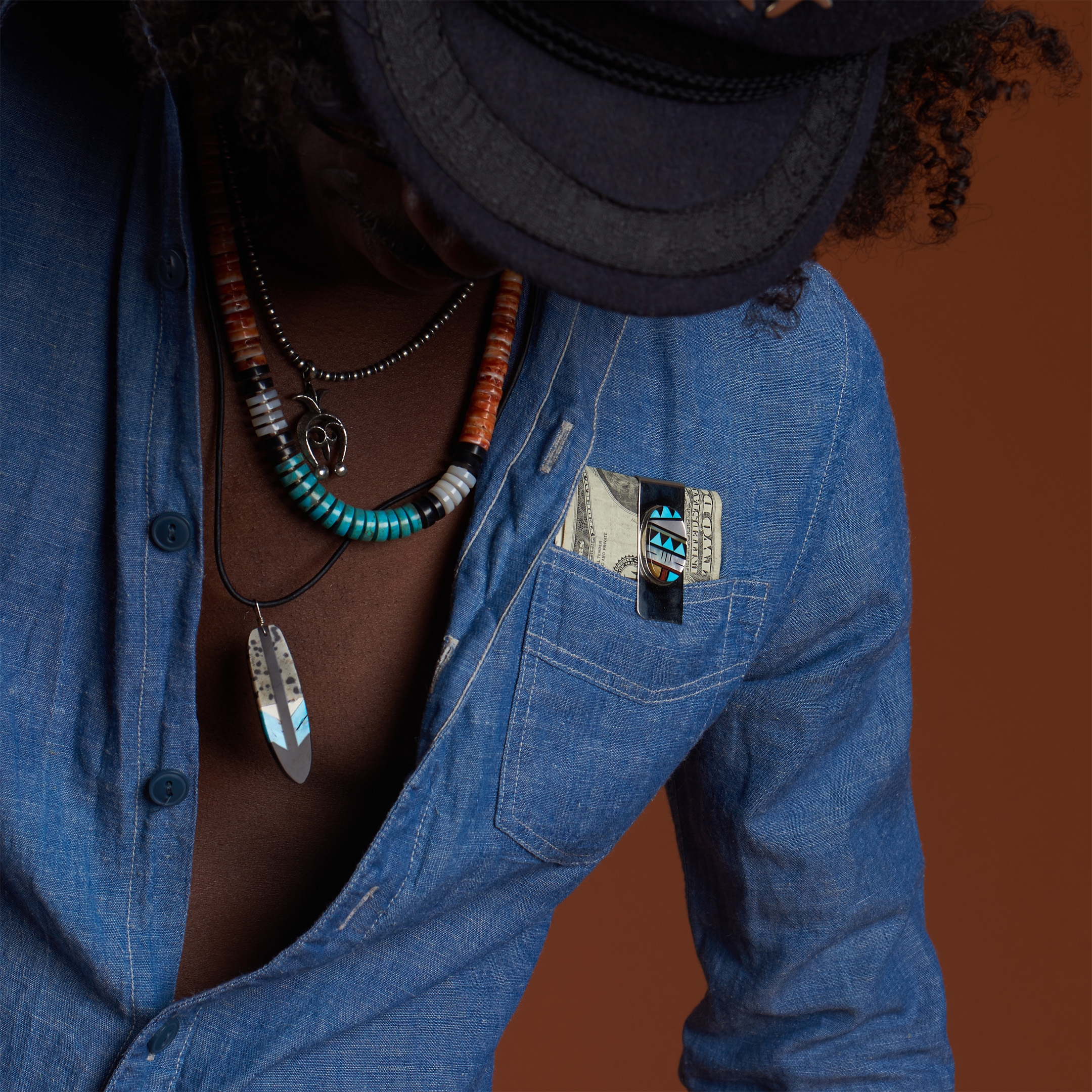 Money clip with an oval inlay of multistones PB14 - Harpo Paris