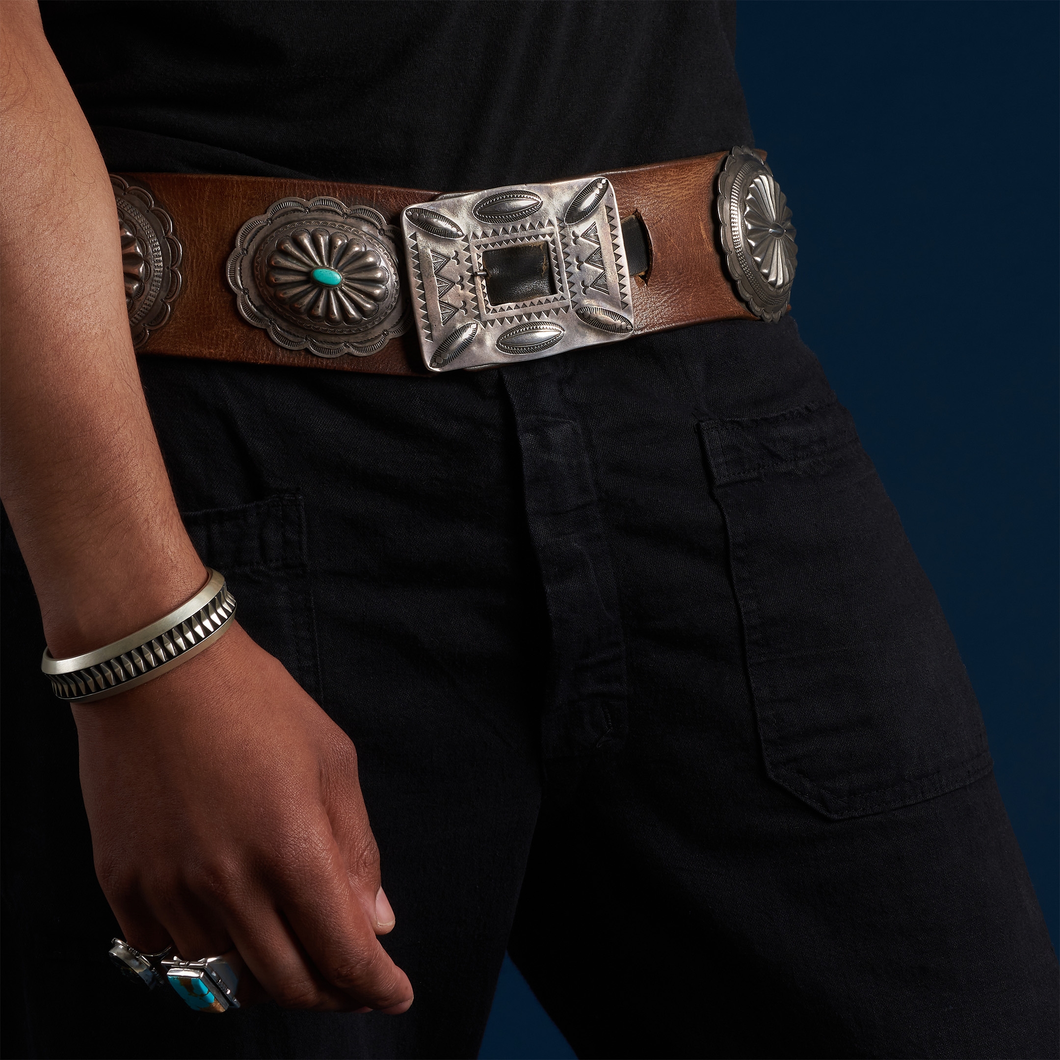 Antique concho belt MIS10 in silver, turquoise and leather