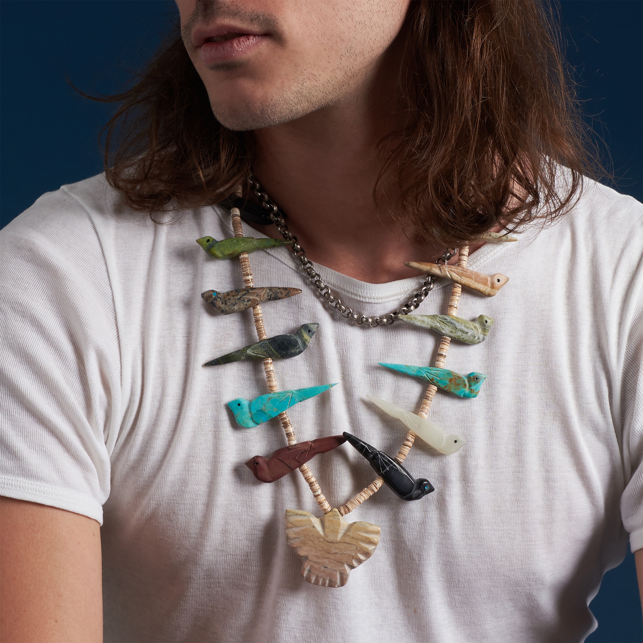 Collier Fétiches, oiseaux en pierres, Heishi coquillage - Harpo Paris