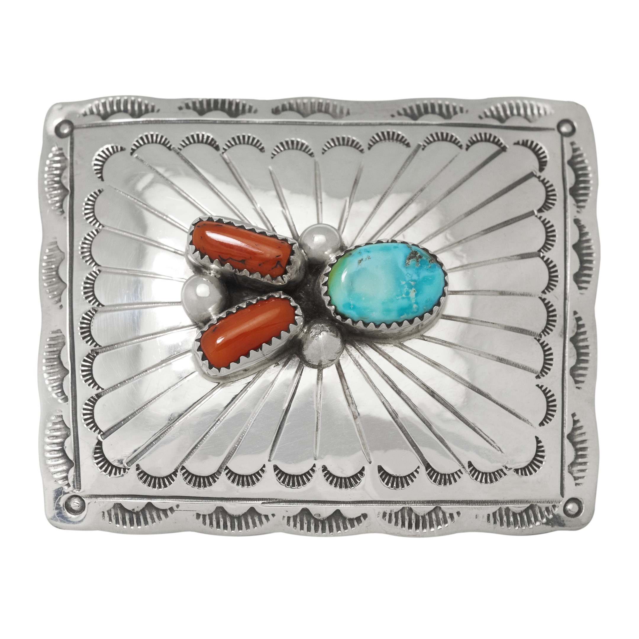Boucle de ceinture turquoise et corail en argent BK75 - Harpo Paris
