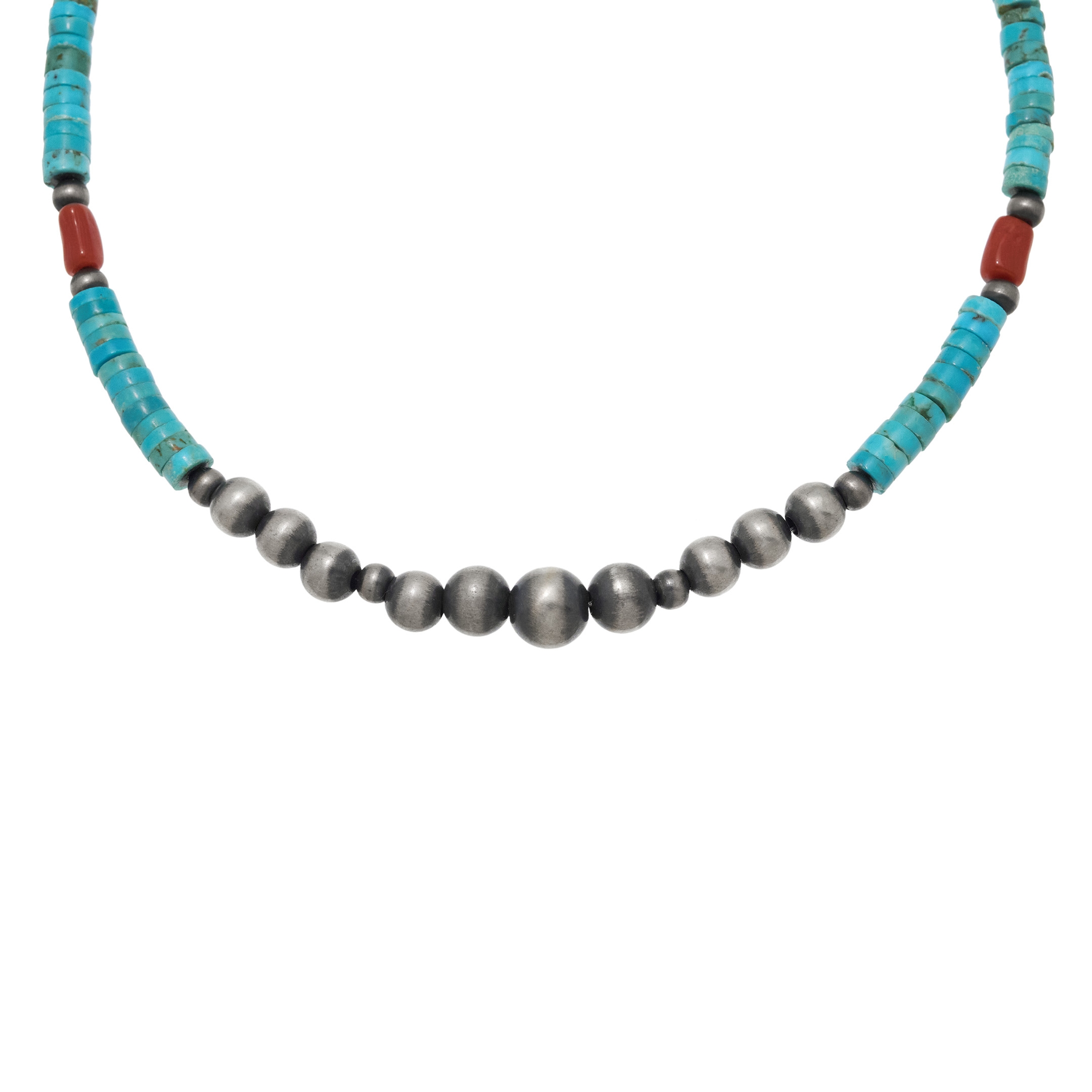 Turquoise, silver, and coral bead necklace, CO269 - Harpo Paris