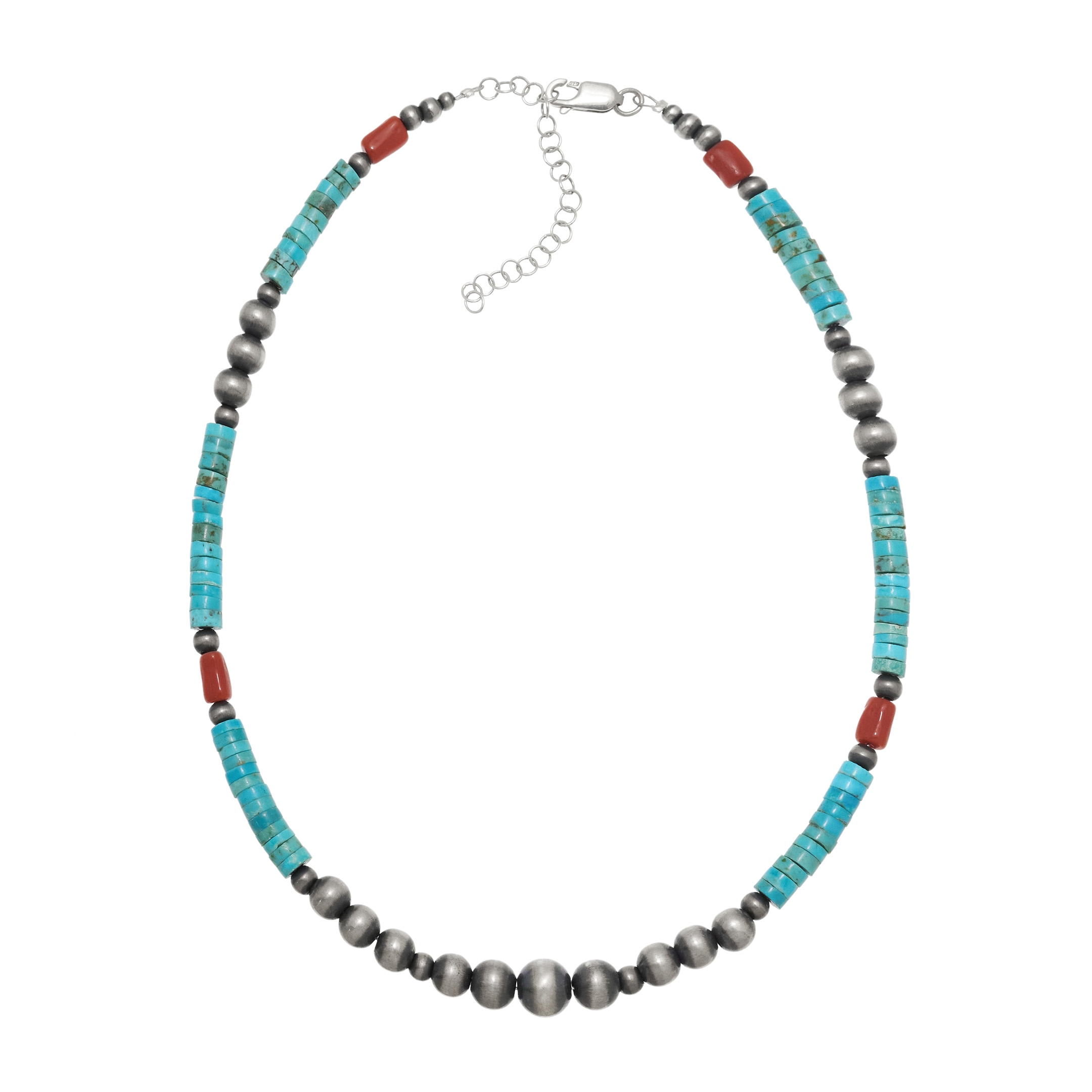 Turquoise, silver, and coral bead necklace, CO269 - Harpo Paris