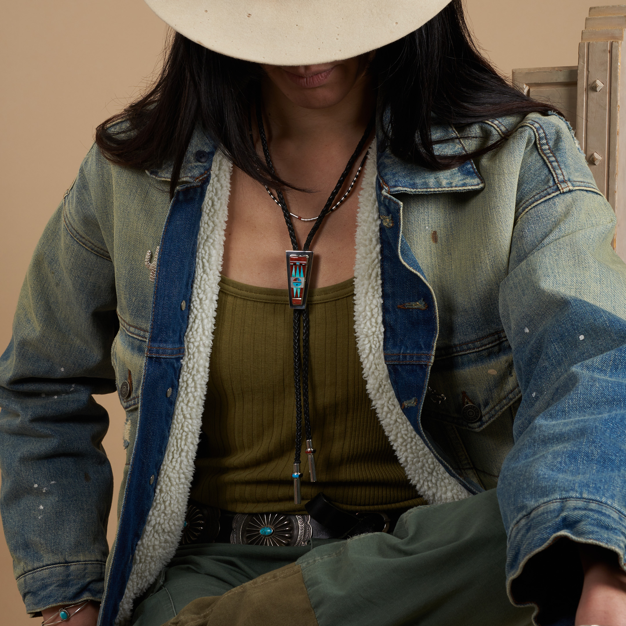 Zuni Sunface inlay and silver Bolo tie BT86 - Harpo Paris