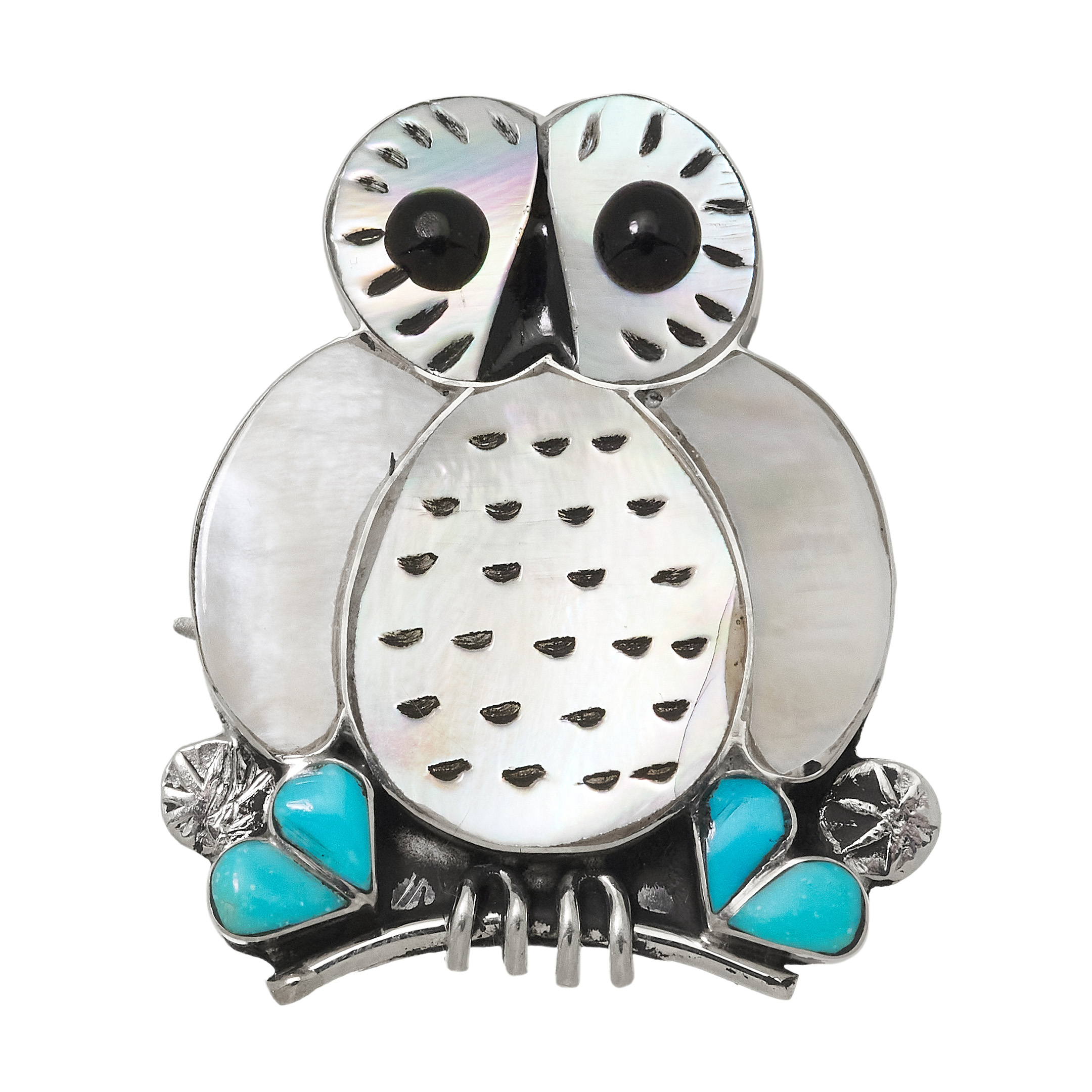 Broche chouette turquoise, nacre et jais sur argent BRO109 - Harpo Paris