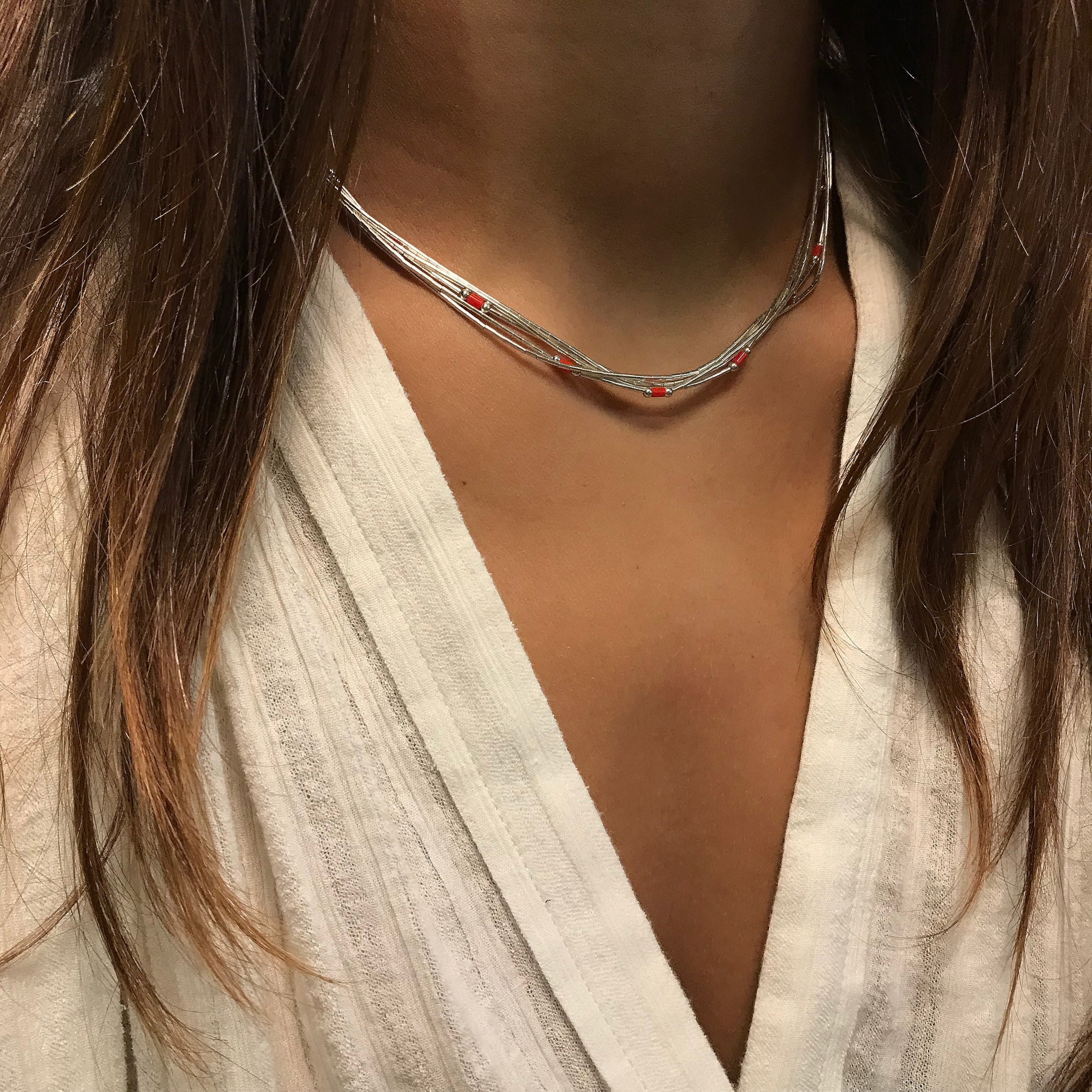 Native American Liquid Silver necklace, stone mix and silver Heishi beads, 5 strands. Harpo Paris