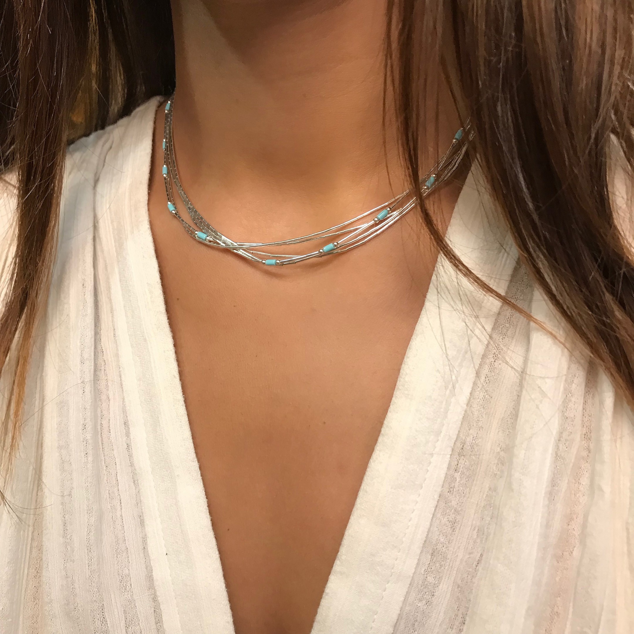 Native American Liquid Silver necklace, stone mix and silver Heishi beads, 5 strands. Harpo Paris