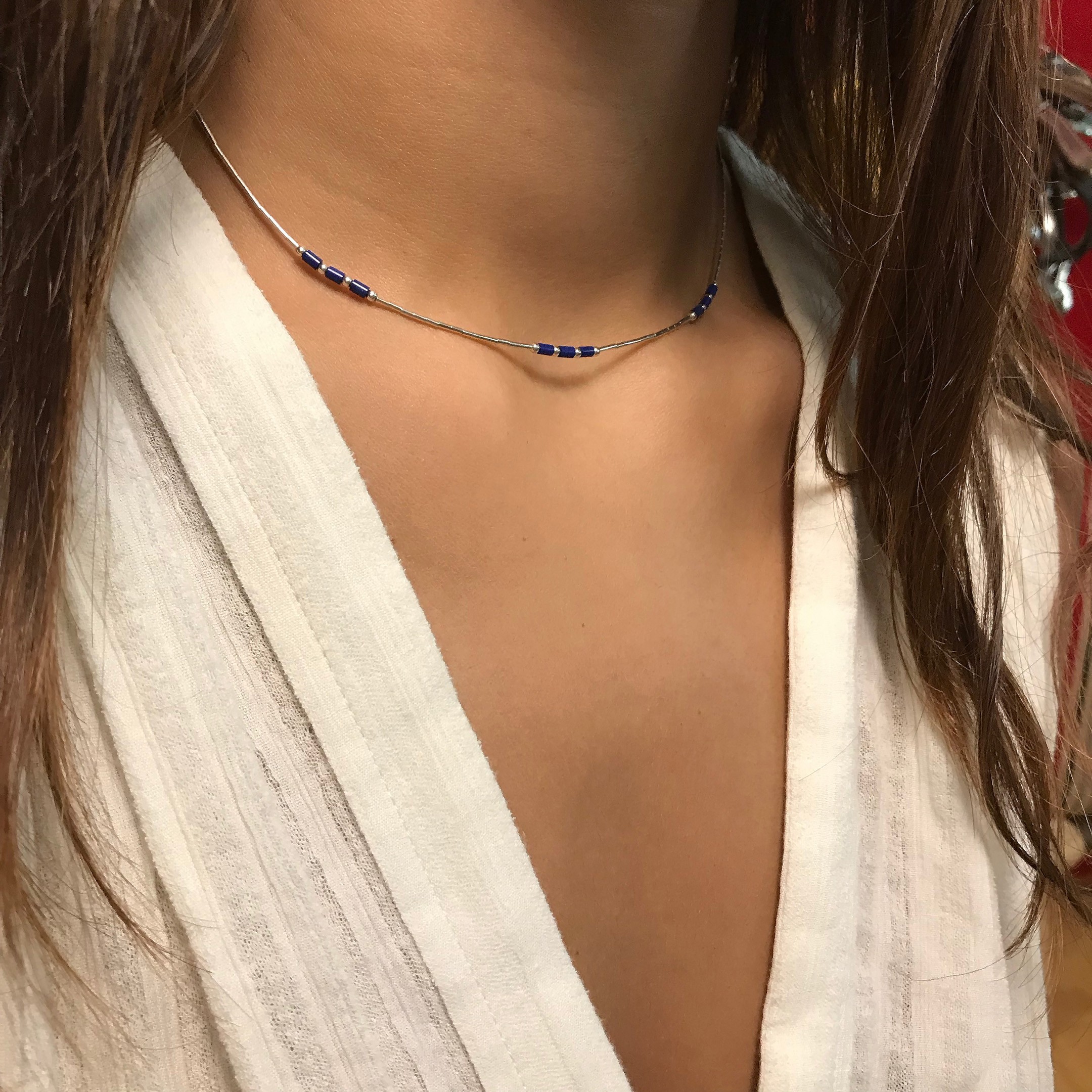 Chocker Native American necklace made of silver and stone mix Heishi beads. Harpo Paris