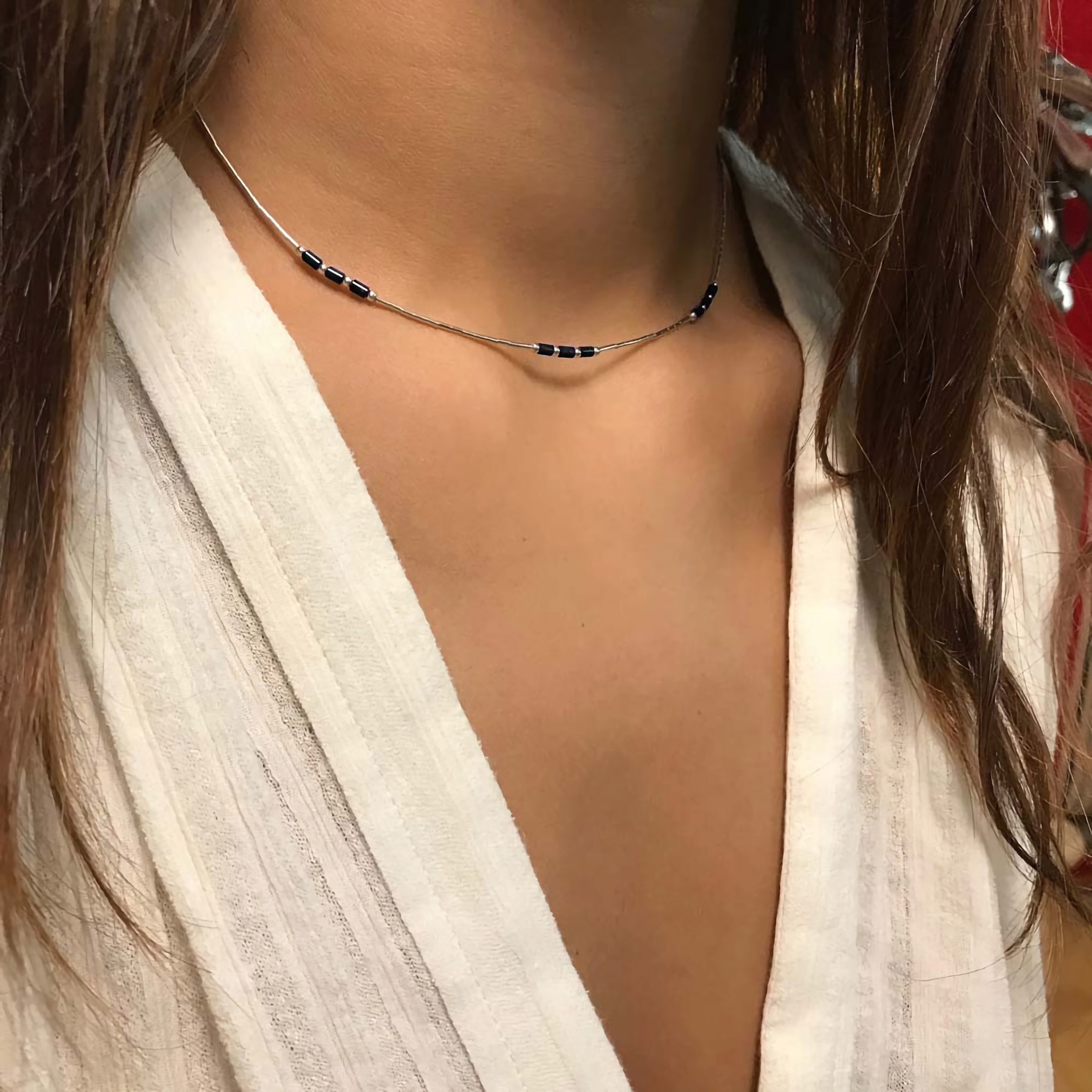 Chocker Native American necklace made of silver and stone mix Heishi beads. Harpo Paris