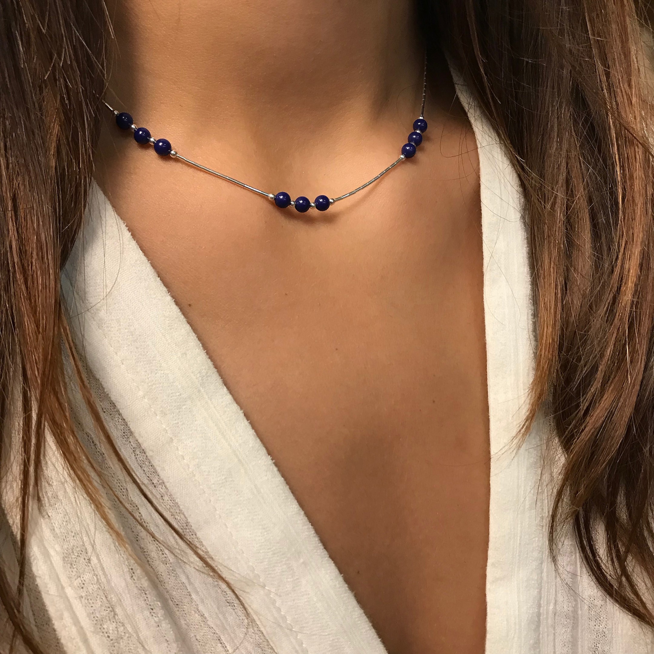 Chocker Native American necklace, silver Heishi beads and round stone mix beads. Harpo Paris