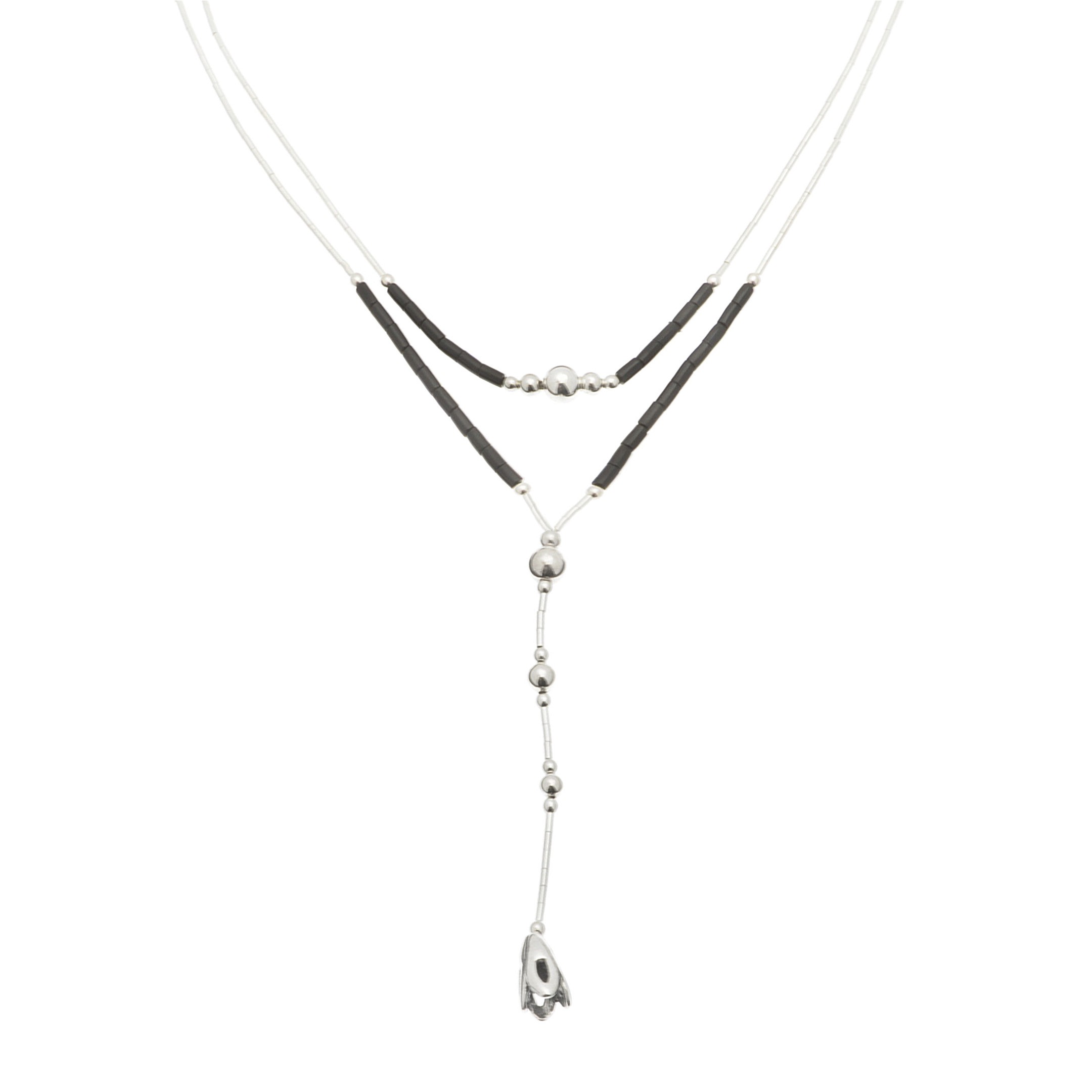 Liquid silver Native American necklace, stone mix and silver Heishi bead.  Harpo Paris