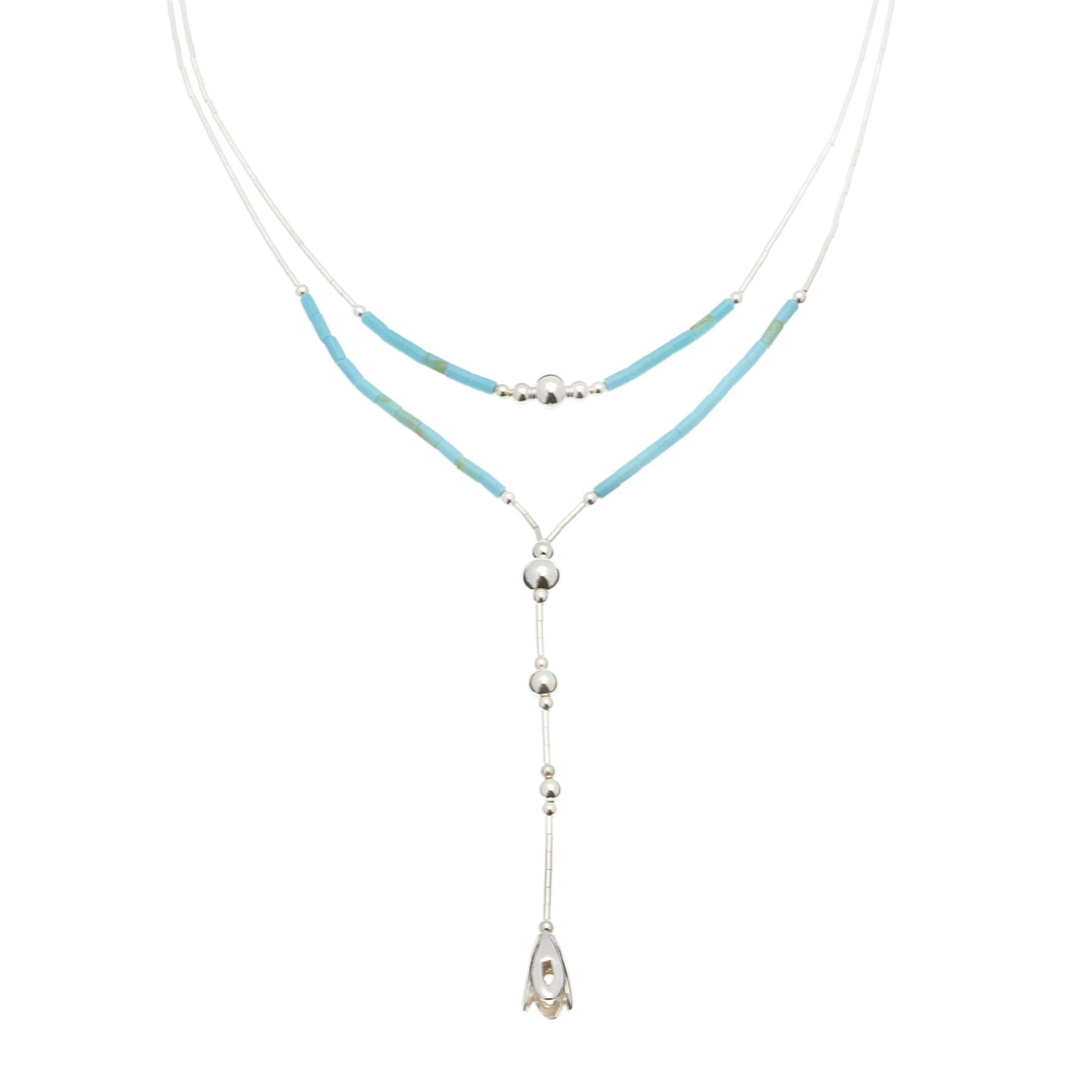 Liquid silver Native American necklace, stone mix and silver Heishi bead.  Harpo Paris
