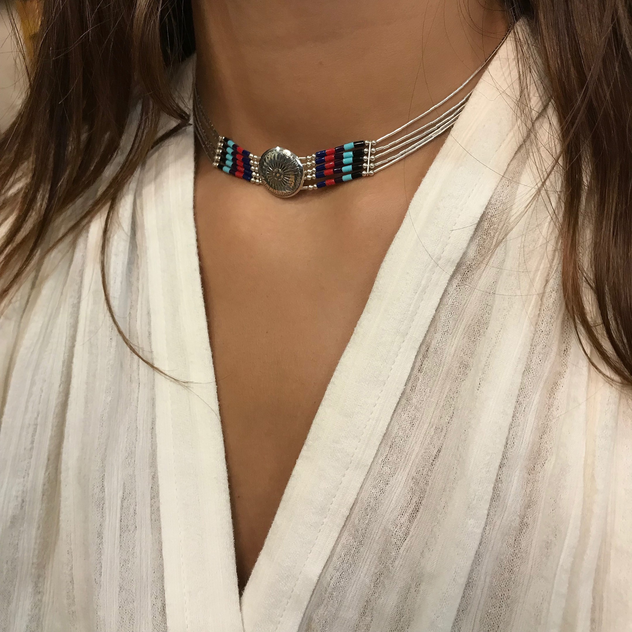 Concho Chocker Native American necklace made of 5 strands of Heishi beads. Harpo Paris