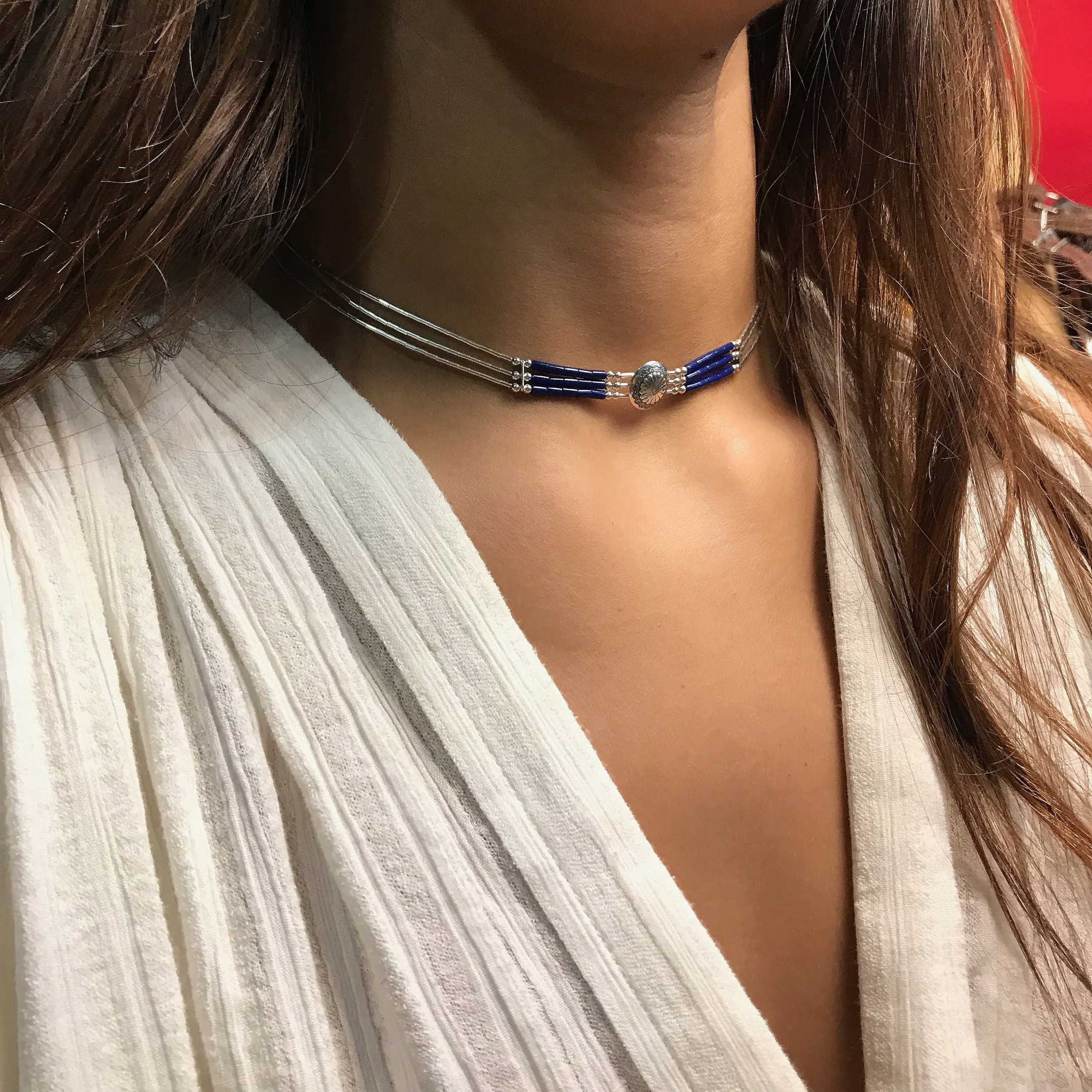 Chocker concho Native American necklace made of 3 strands of Heishi beads. Harpo Paris