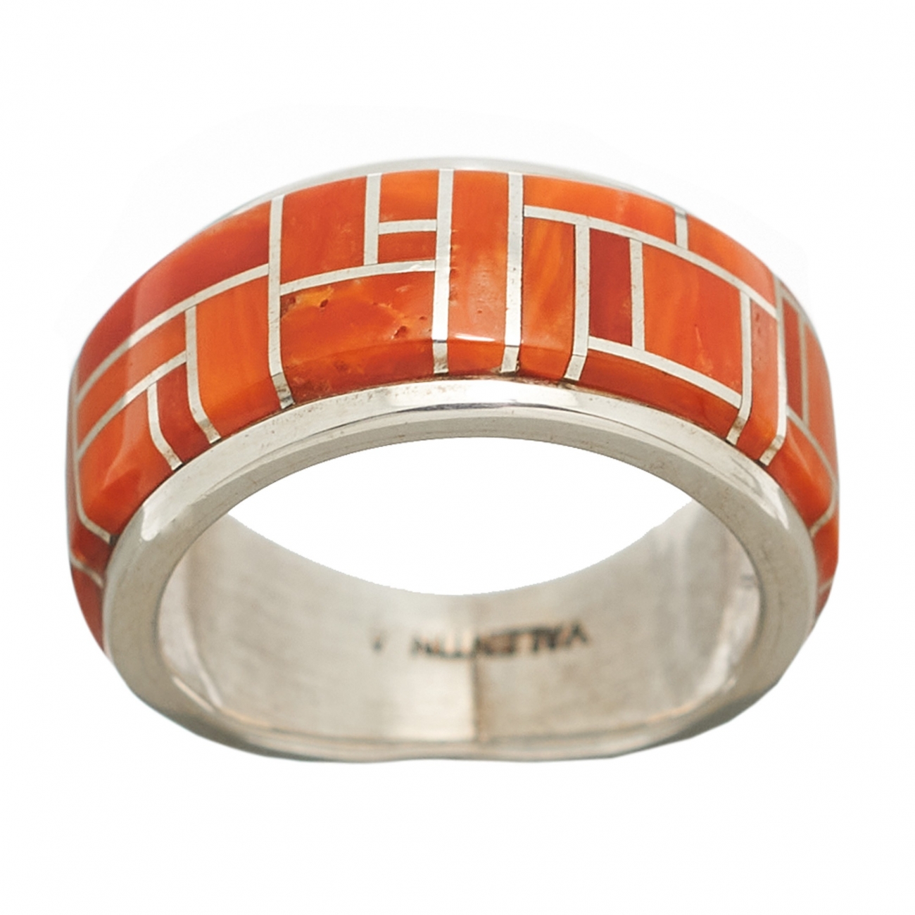 Coral inlaid ring on silver, BA76 - Harpo Paris