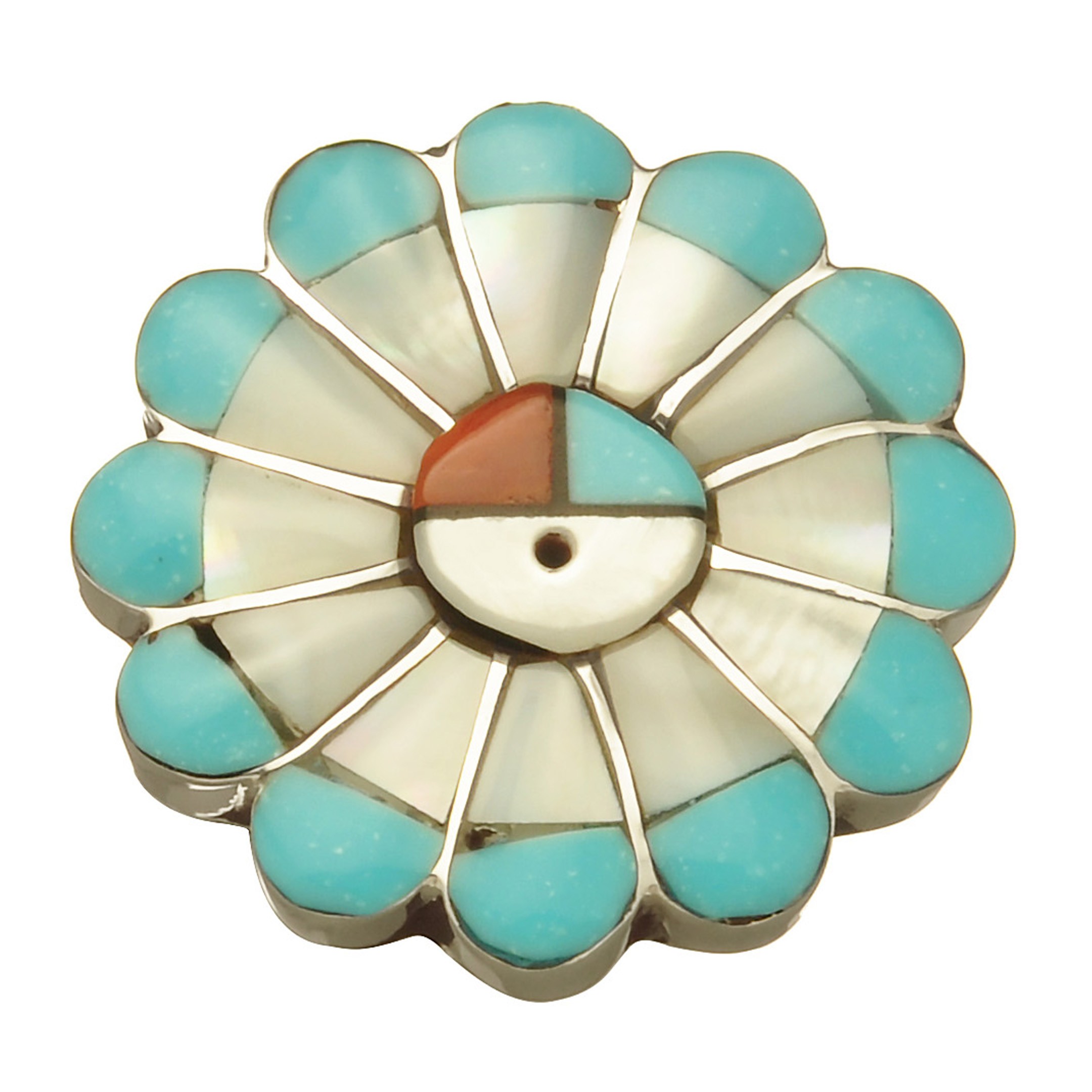 Sunface Zuni ring. Turquoise, Black Jet, Mother of Pearl and Coral