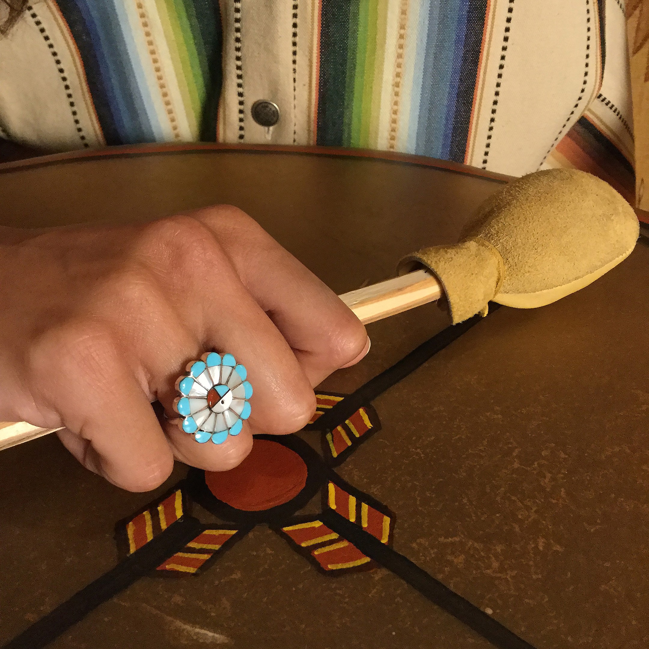 Sunface Zuni ring. Turquoise, Black Jet, Mother of Pearl and Coral