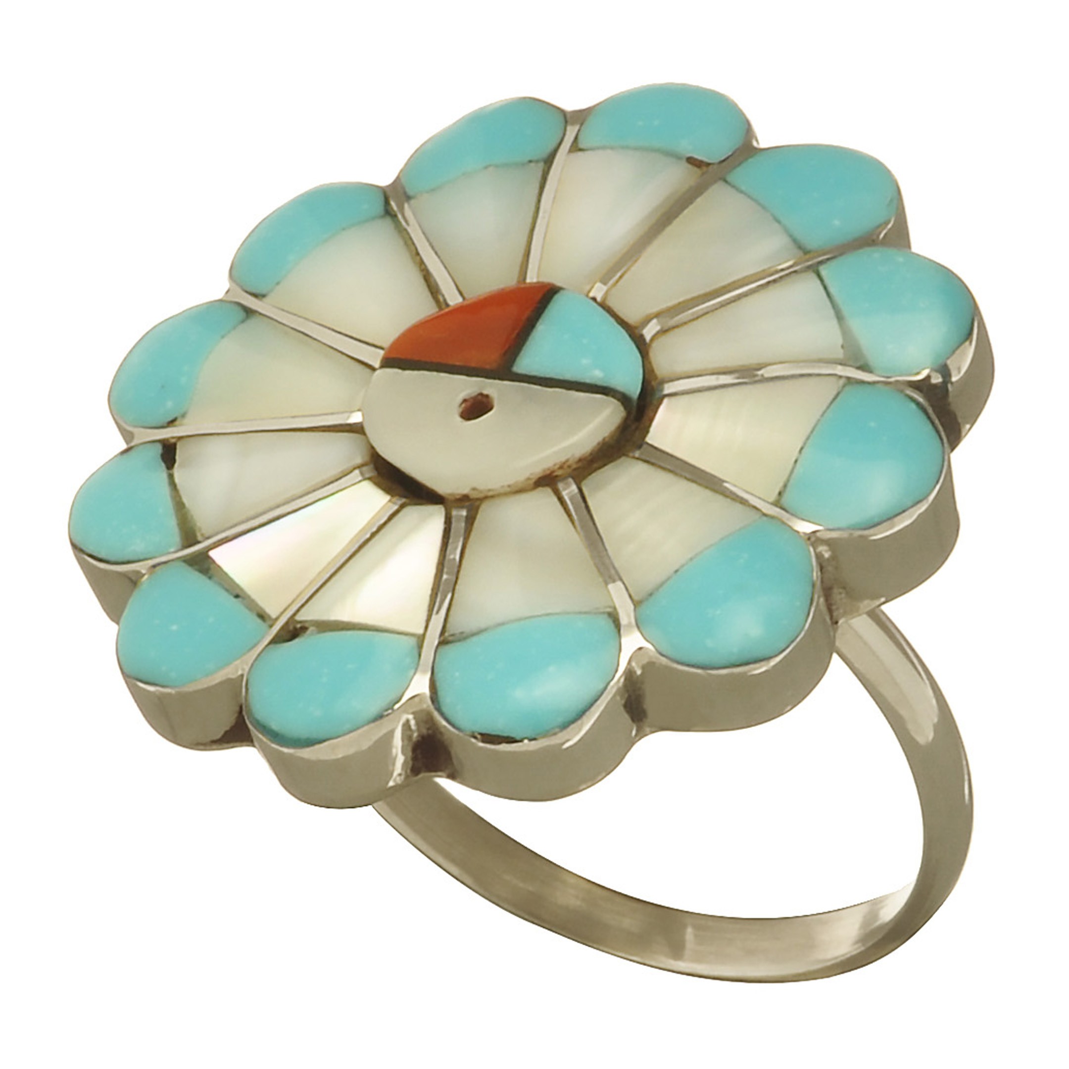 Sunface Zuni ring. Turquoise, Black Jet, Mother of Pearl and Coral