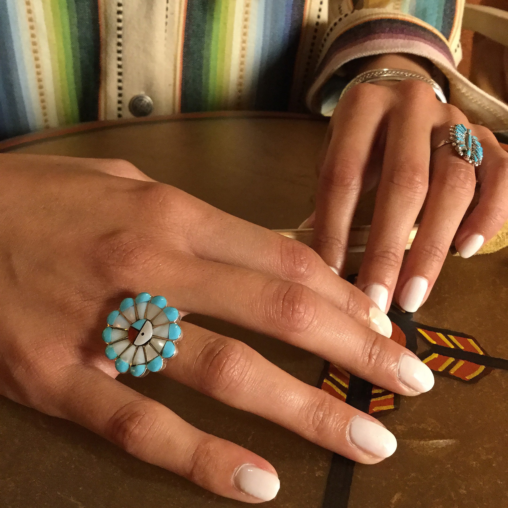 CHIHITRO SONODA 刺繍リング　Planet Ring Sunface Zuni ring. Turquoise, Black Jet, Mother of Pearl and Coral