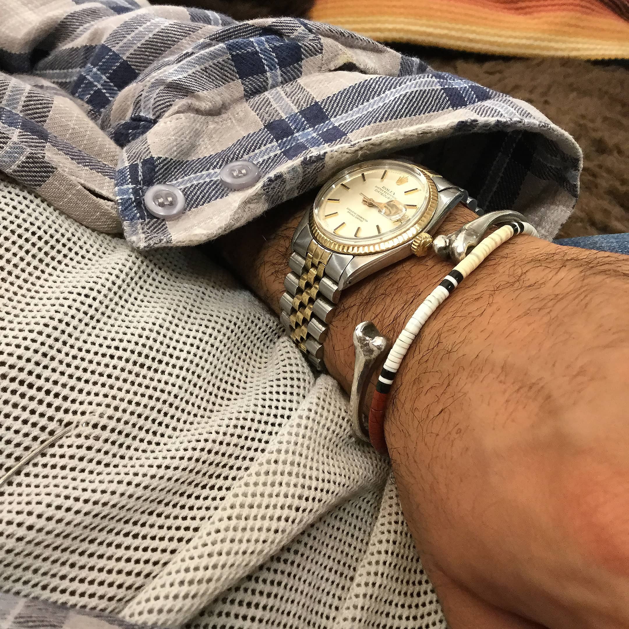 Pueblo Bracelet, Shell, Pipestone and Black jet heishi, silver clasp. I Harpo