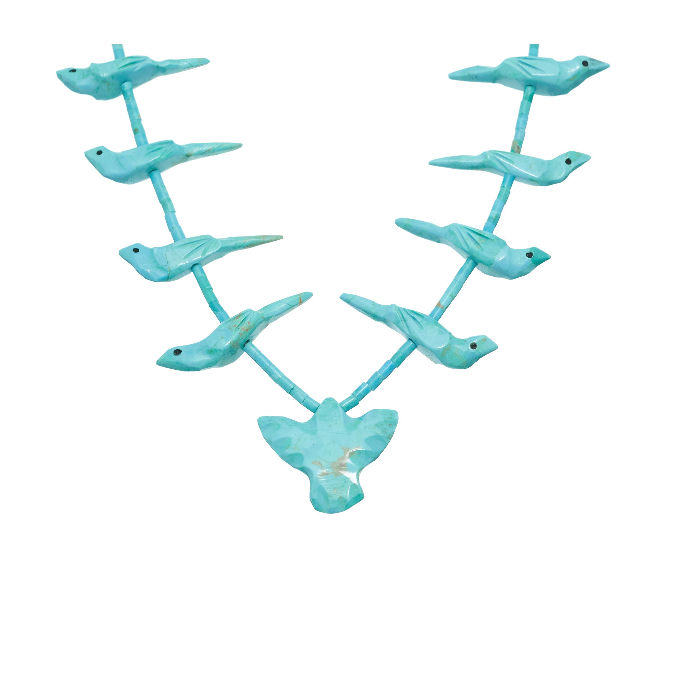 Collier fétiches Zuni, animaux scupltés en pierres (turquoises, catlinite, serpentine...), fermoir en argent. | Harpo Paris