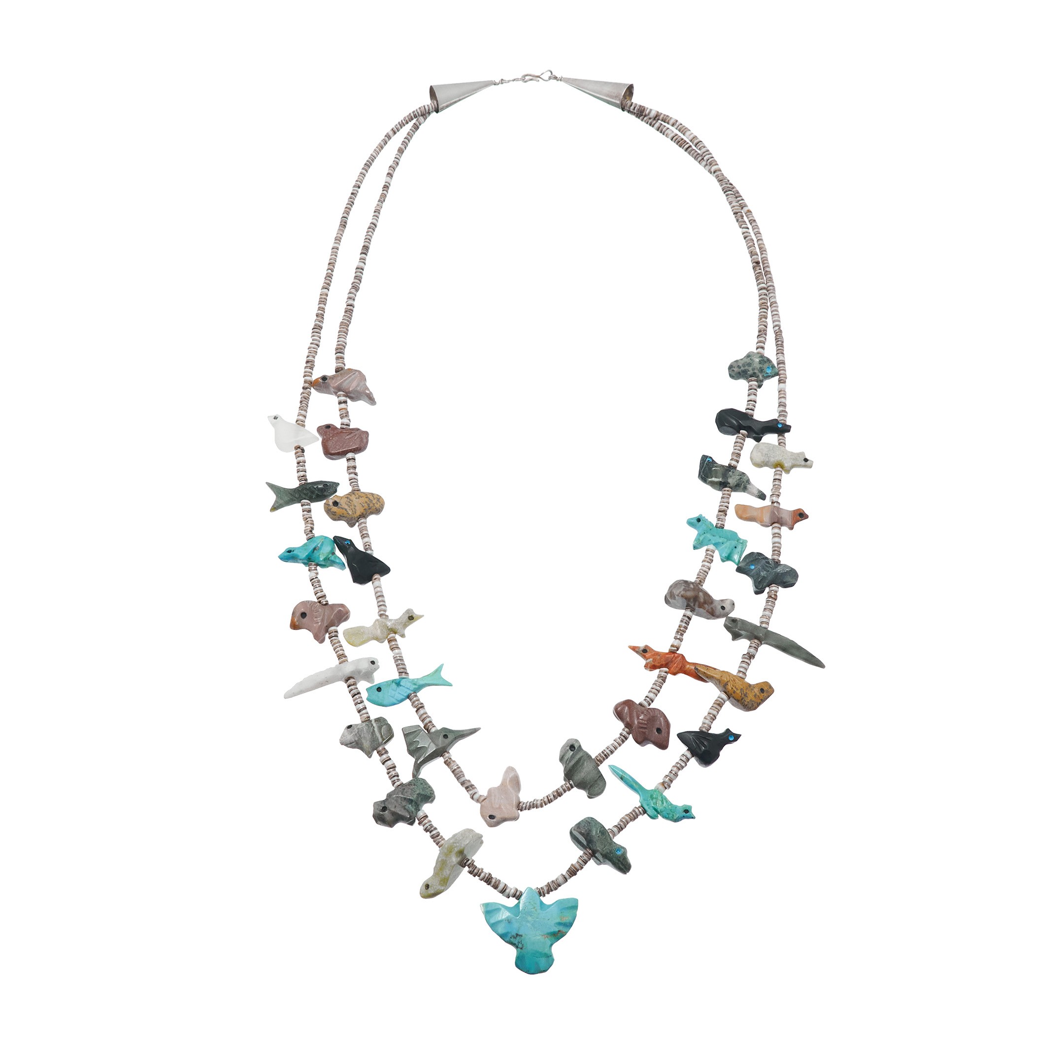 Collier fétiches 2 rangs, animaux scupltés en pierres, fermoir en argent | Harpo Paris