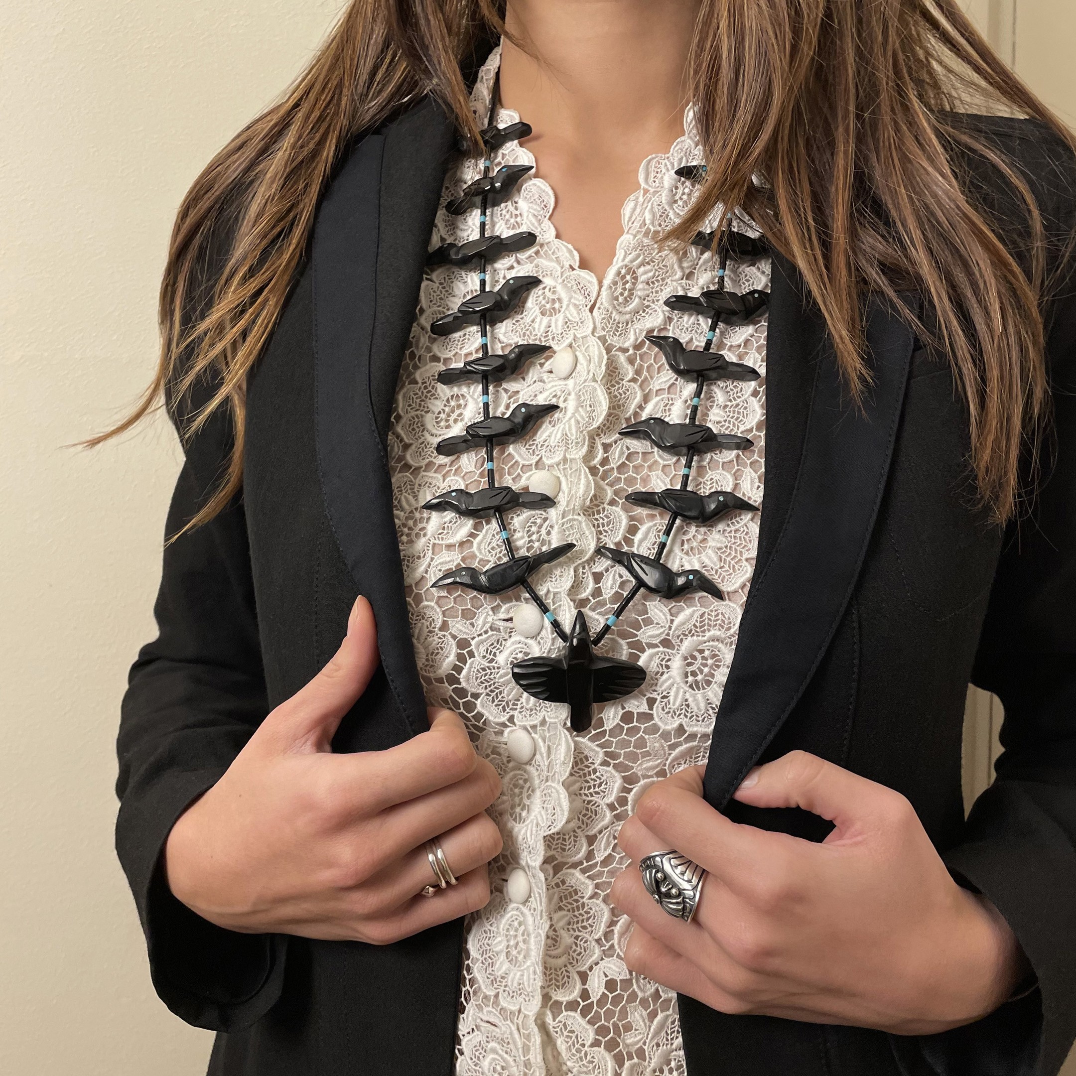 Fetishes necklace, Animals carved in Black Jet, silver clasp. | Harpo Paris