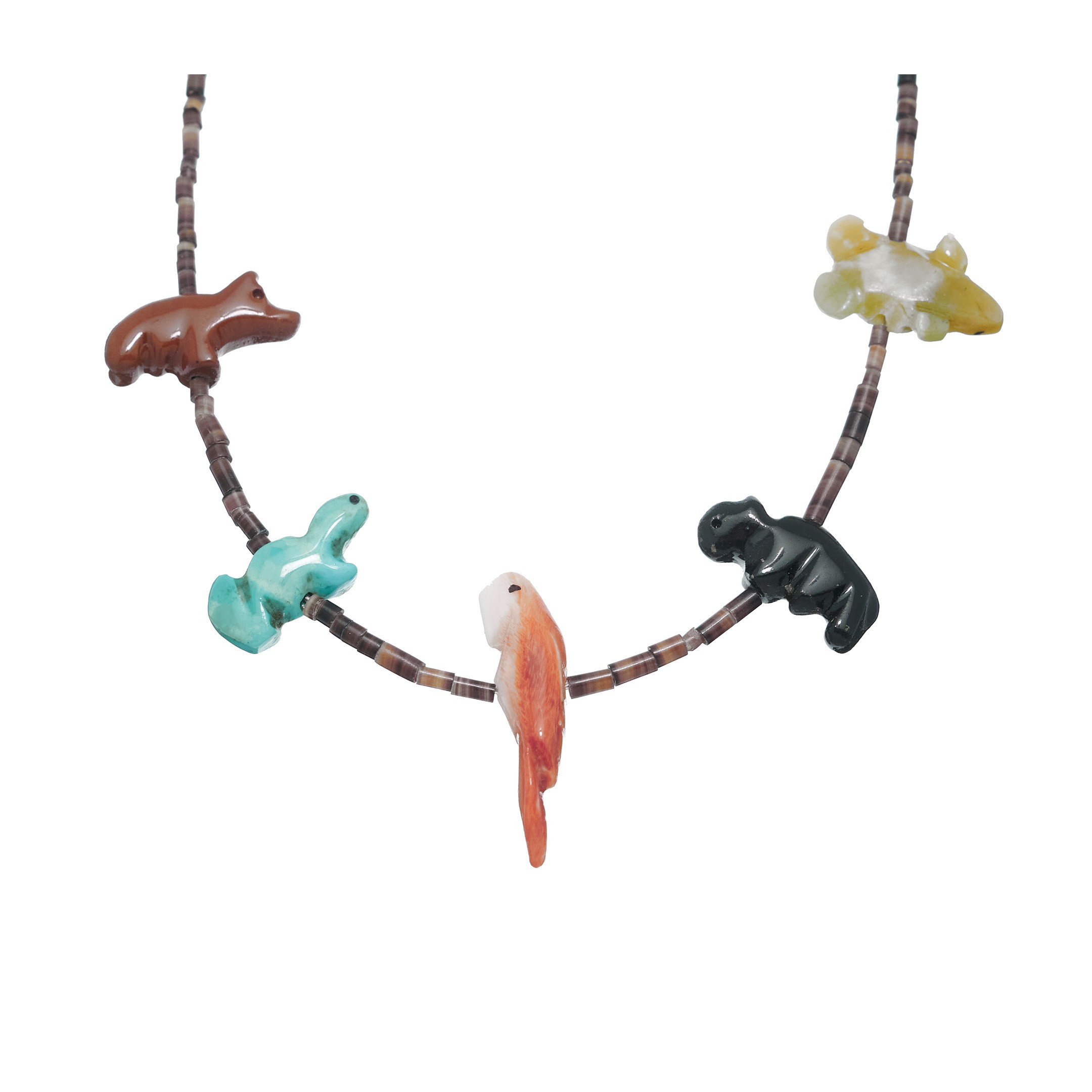 Collier Zuni Fetiche Animaux – 5 Rangs De Pierres Turquoise, Longueur 30 Cm