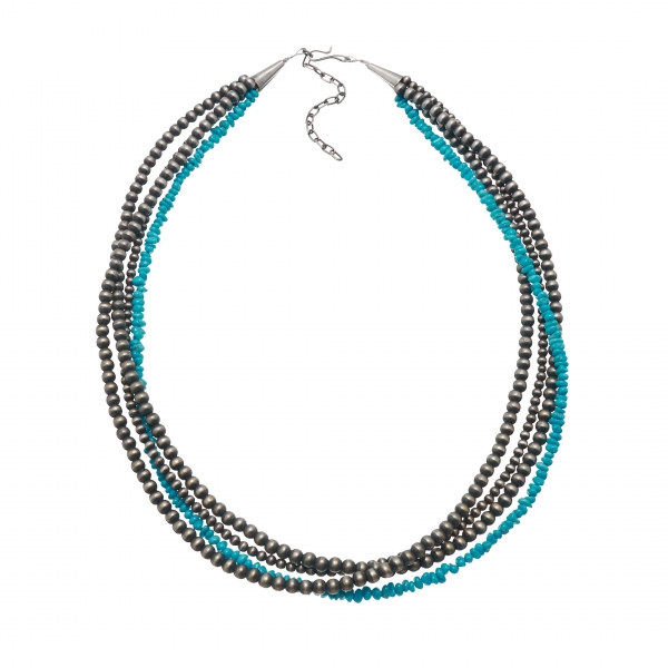 Women necklace in mat silver beads and turquoise beads - Harpo Paris