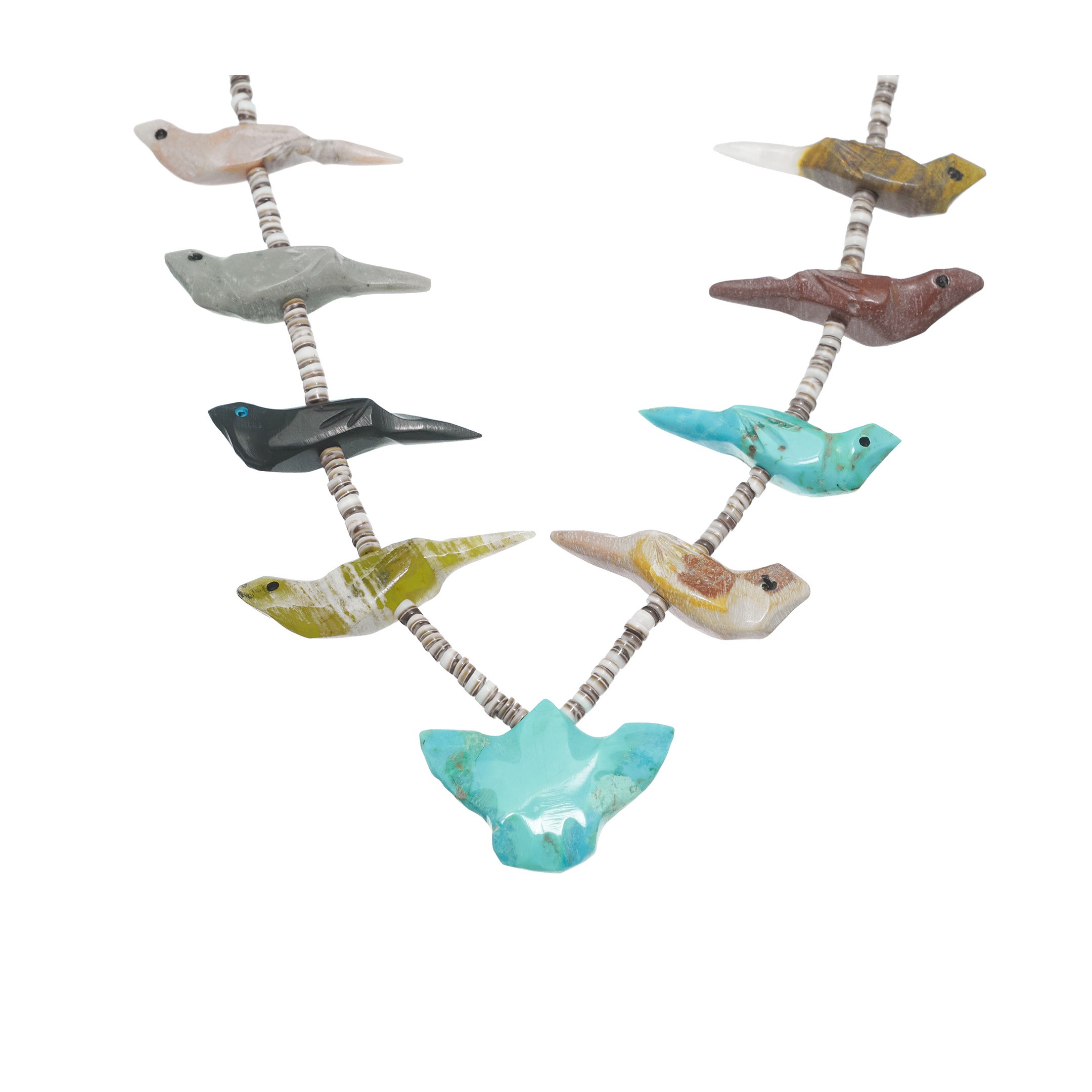 Collier fétiches, oiseaux scupltés en pierres (turquoises, catlinite, serpentine...), fermoir en argent. | Harpo Paris