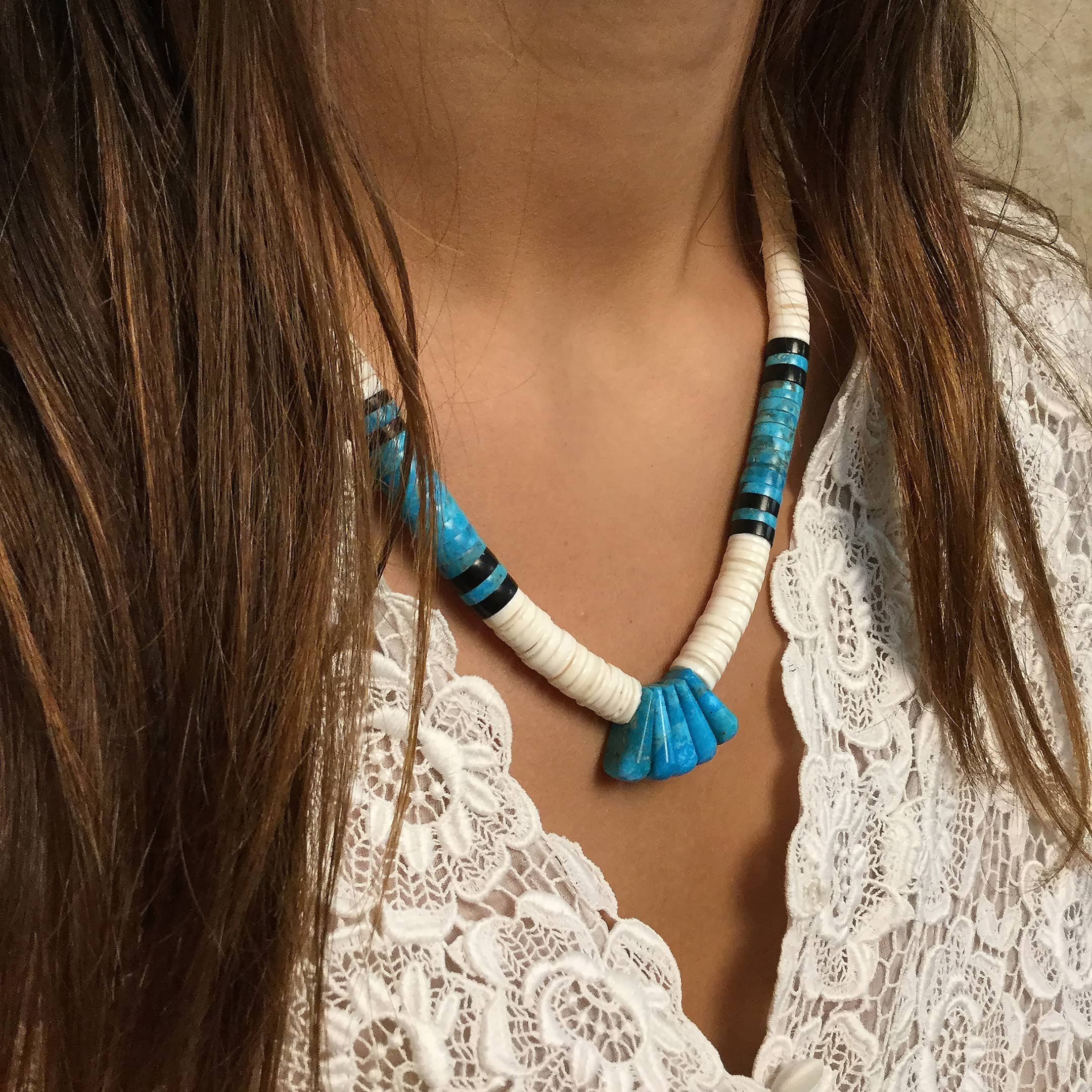 Pueblo Necklace, Turquoise and Shell heishy, silver clasp. I Harpo