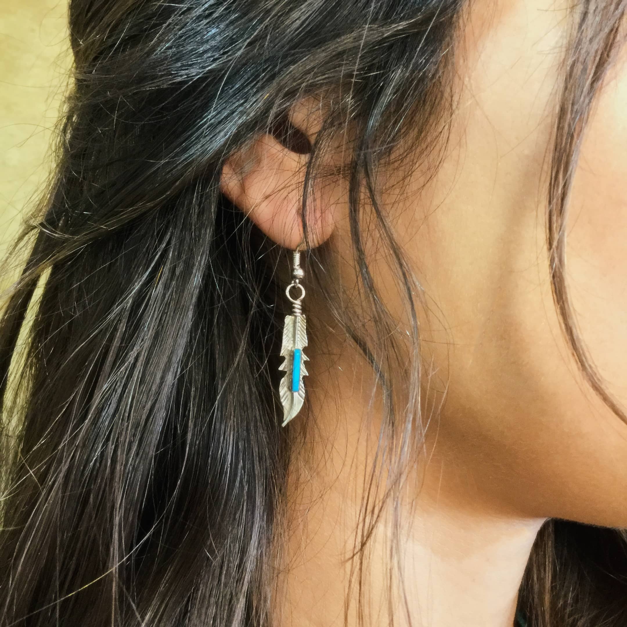 Boucles d'oreilles Navajo Plume, Turquoise et argen BOw86 - Harpo Paris