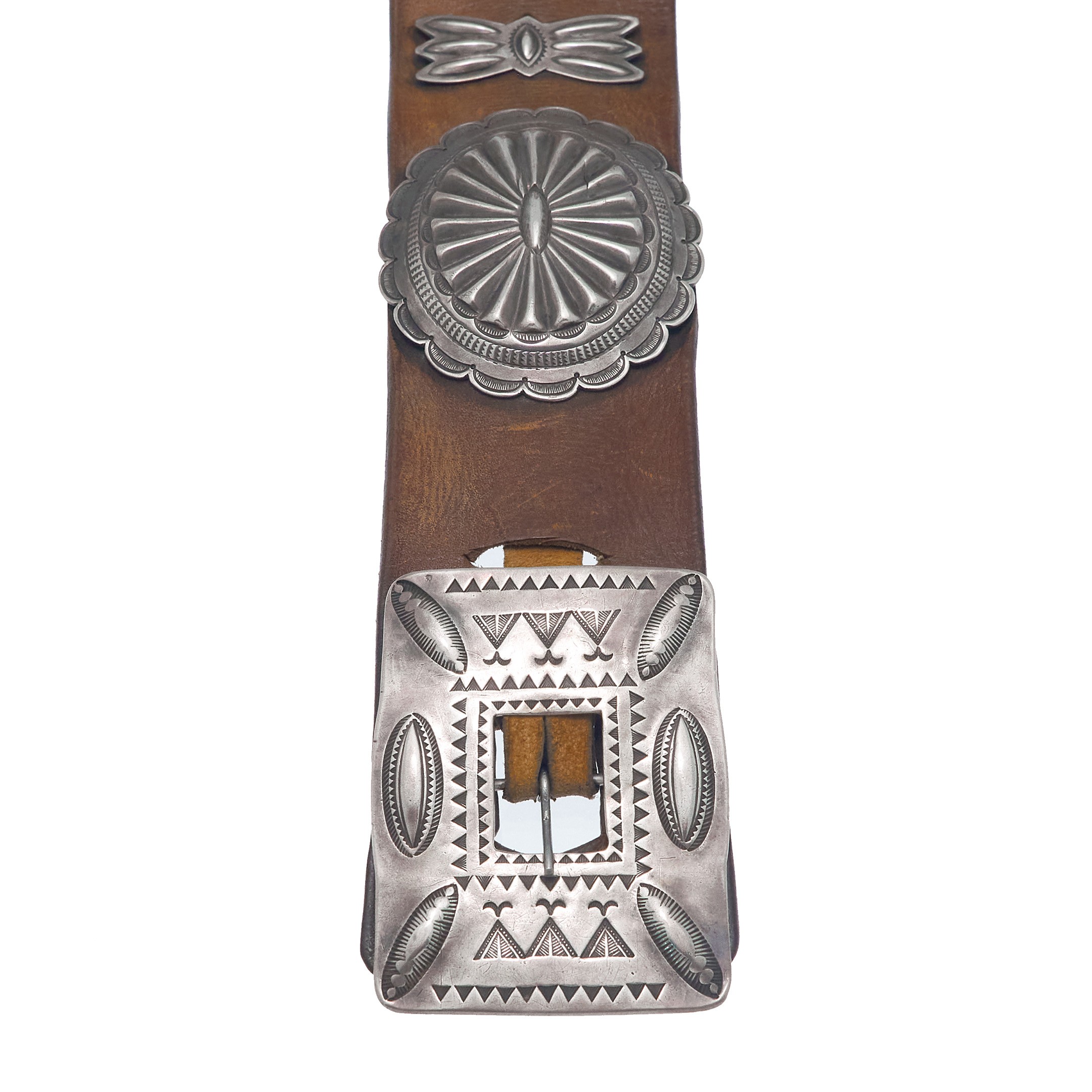 Vintage Concho Belt Circa 1950' in Sterling Silver on Brown Leather MIS10 - Harpo Paris