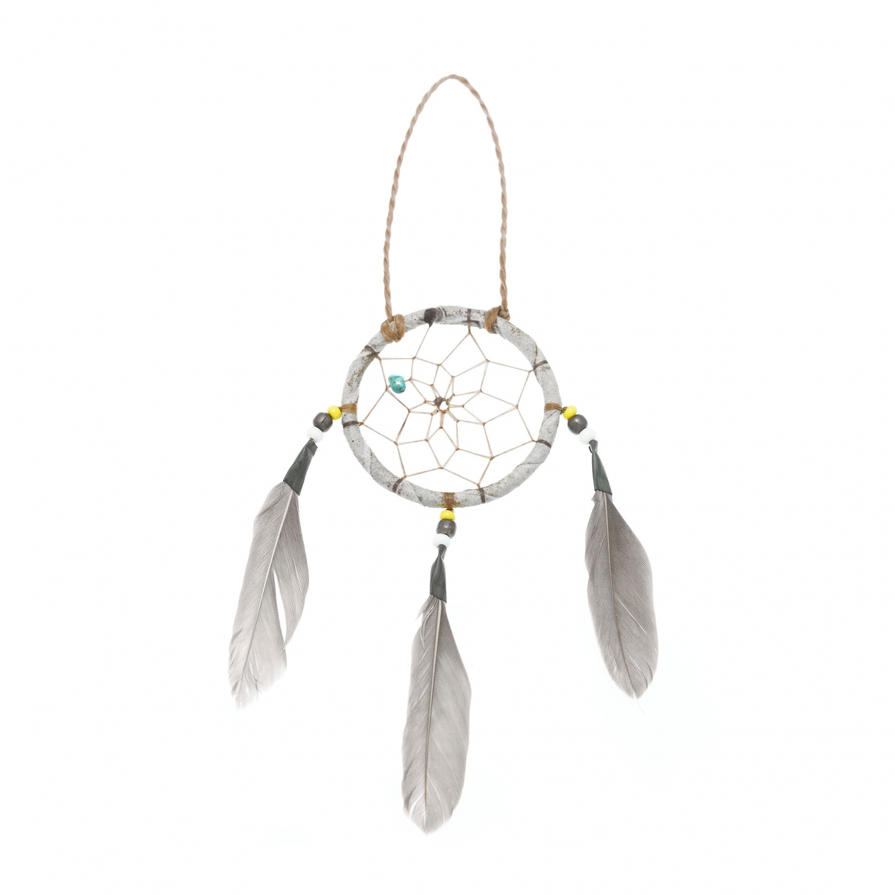 Dream catcher tissage soleil coloris nuances de vert, bleu canard et blanc  - diamètre 25 cm longueur 90 cm