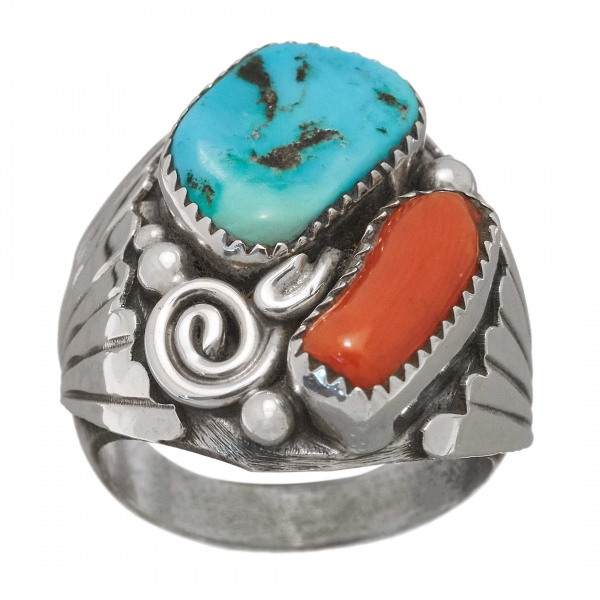 Navajo ring in silver set with a turquoise and a coral, BA850 - Harpo Paris