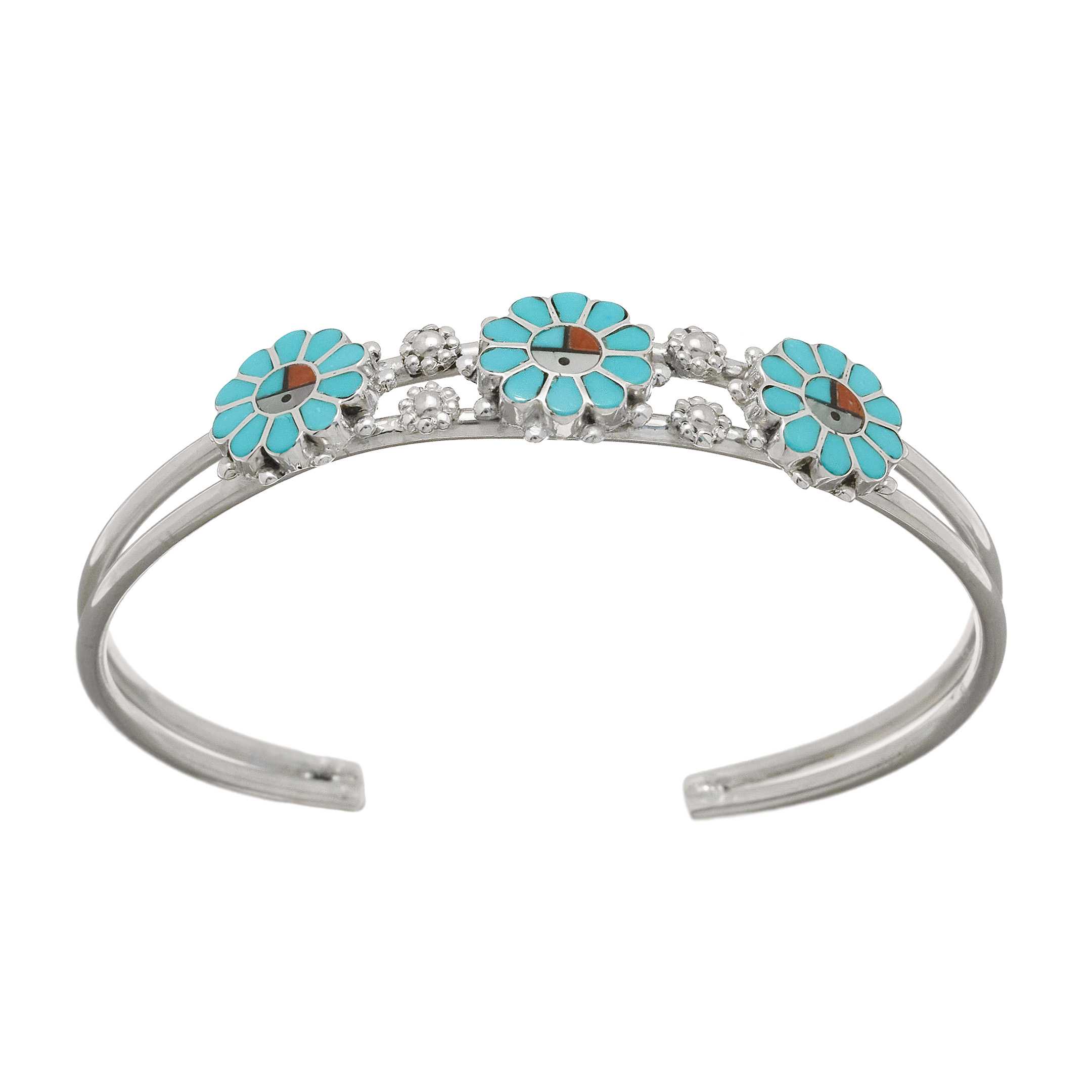 Bracelet Zuni en argent massif avec trois petits Sunface marquetés