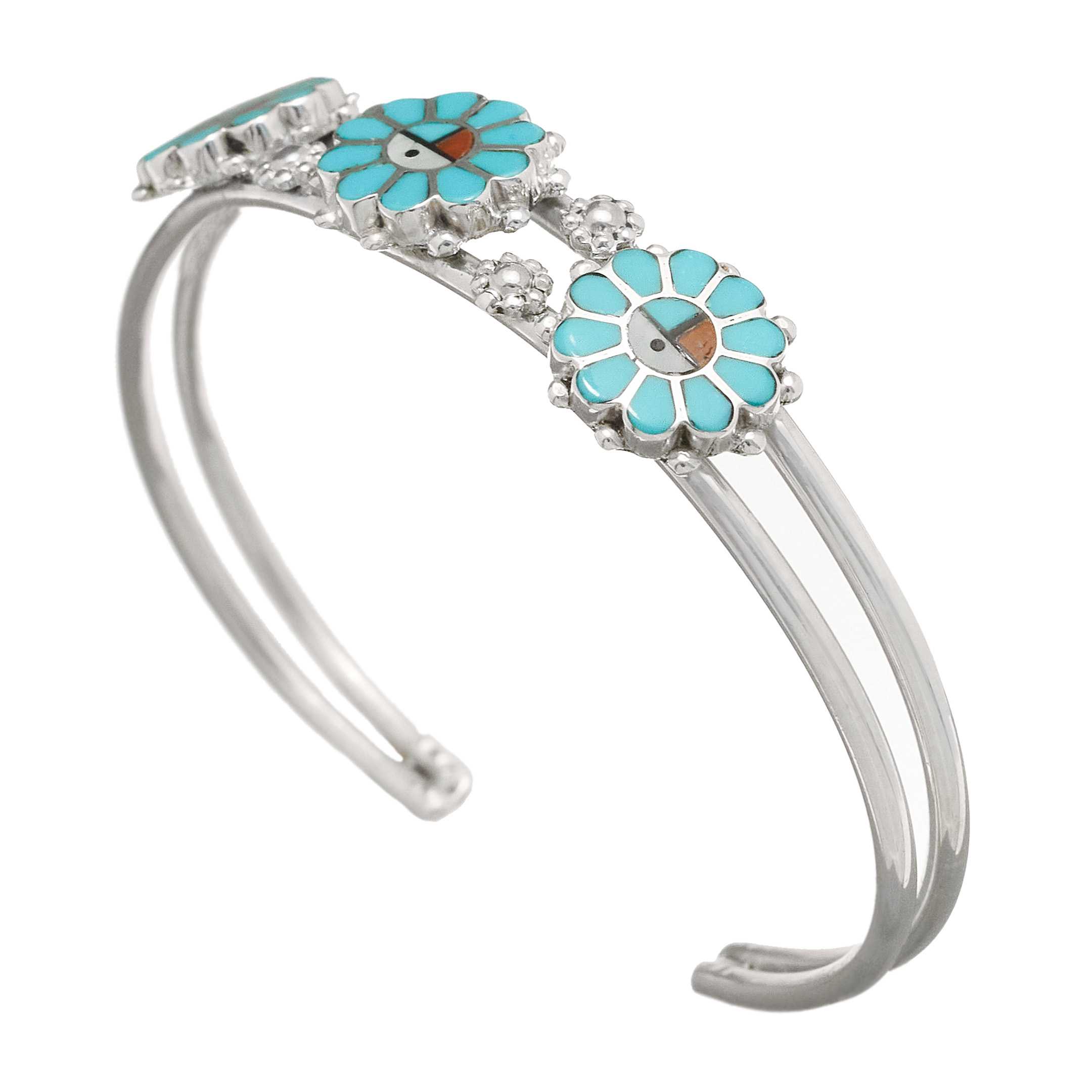 Bracelet Zuni en argent massif avec trois petits Sunface marquetés