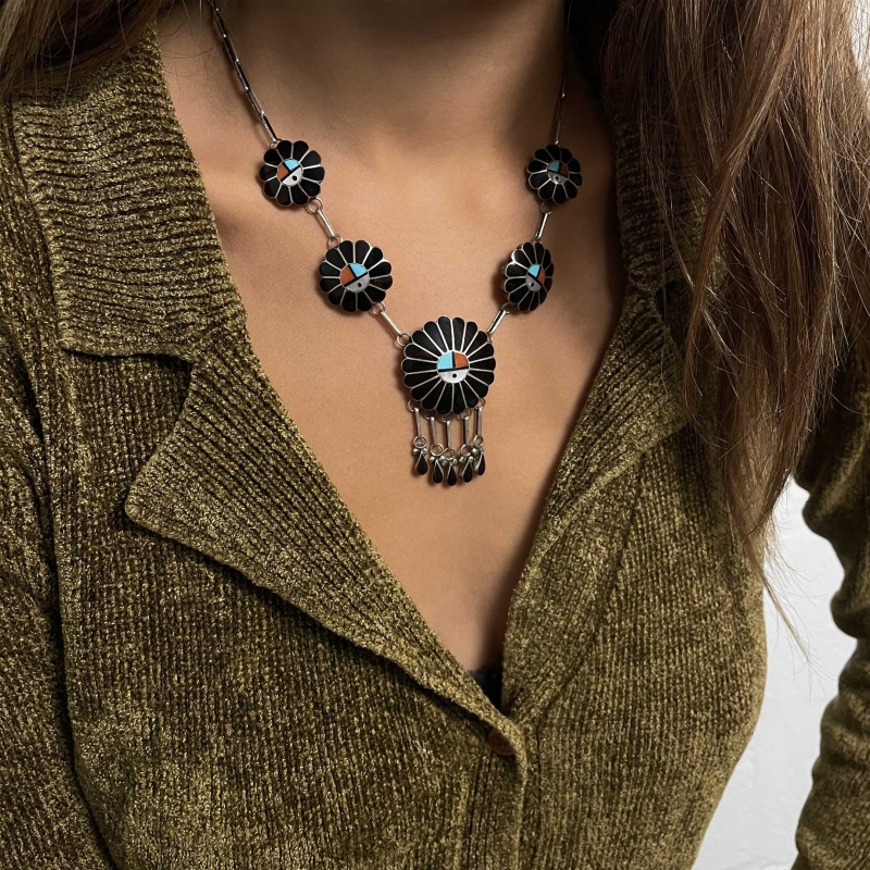 Zuni necklace CO132 in stones inlay and silver - Harpo Paris