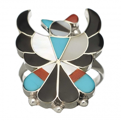 Thunderbird sterling silver ring inlaid of black-jet, coral and turquoise, BA760 - Harpo Paris