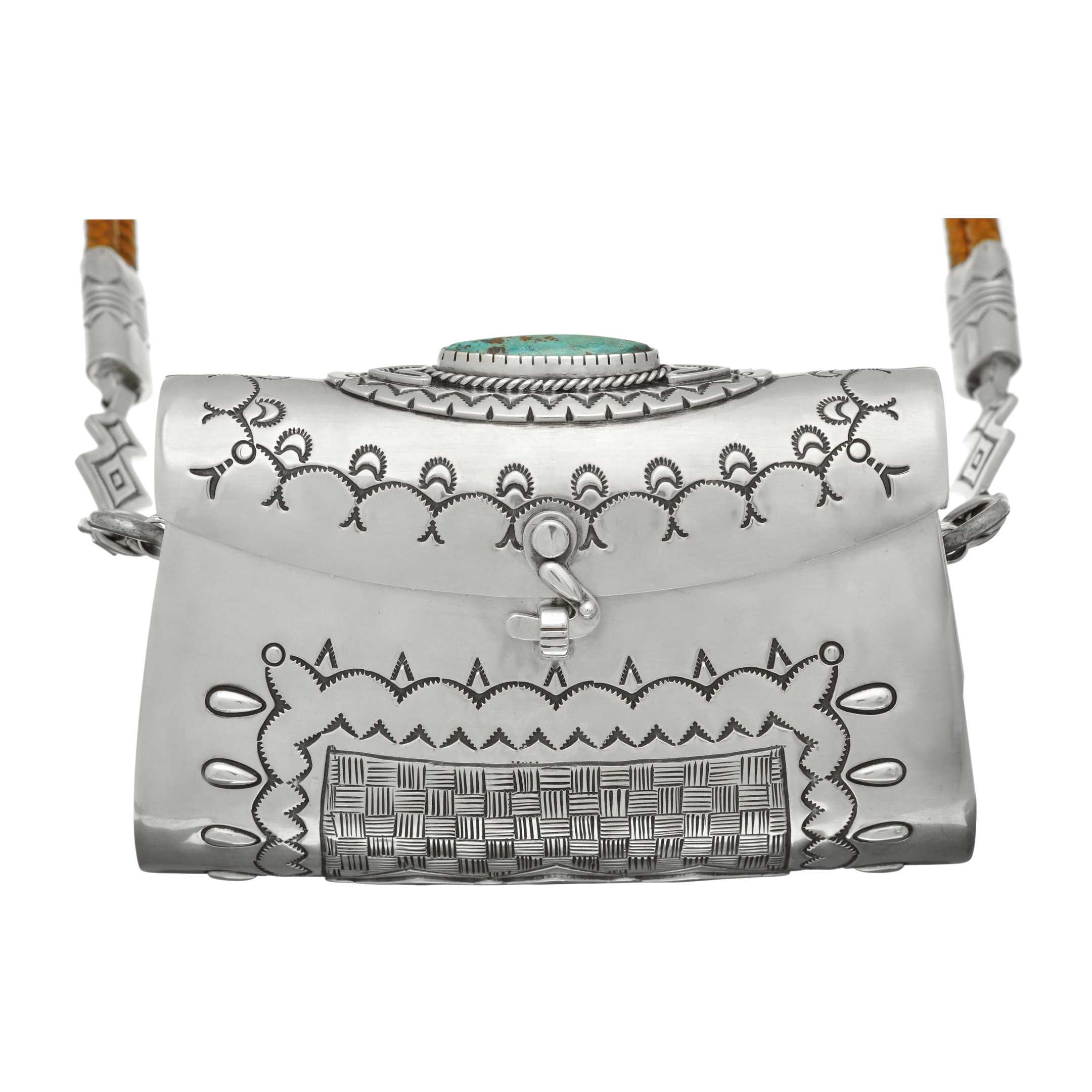 Sac à main Navajo d'une facture exceptionnelle  en Argent Mat et Turquoise Diamond. Double Lacet en cuir. | Harpo Paris