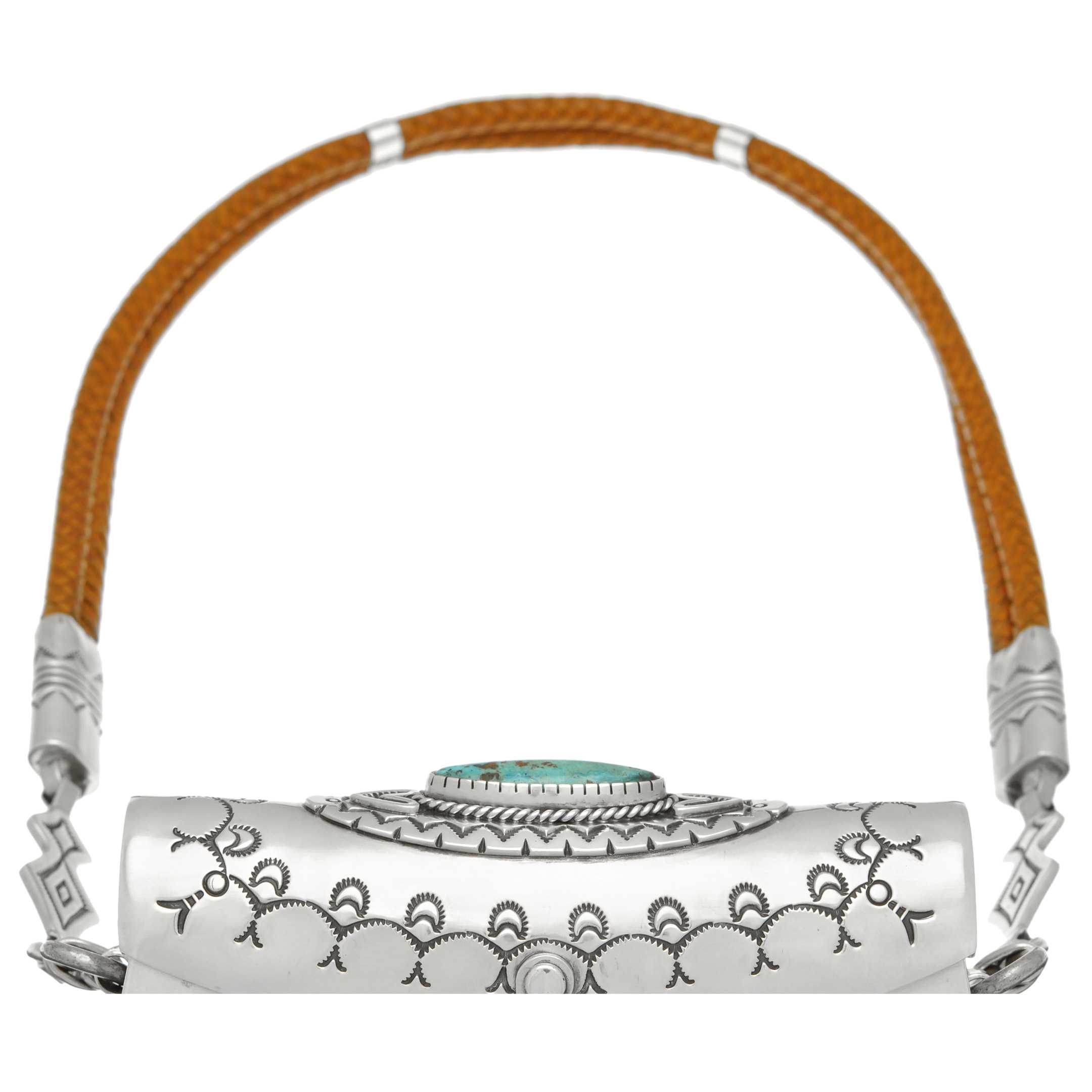 Sac à main Navajo d'une facture exceptionnelle  en Argent Mat et Turquoise Diamond. Double Lacet en cuir. | Harpo Paris