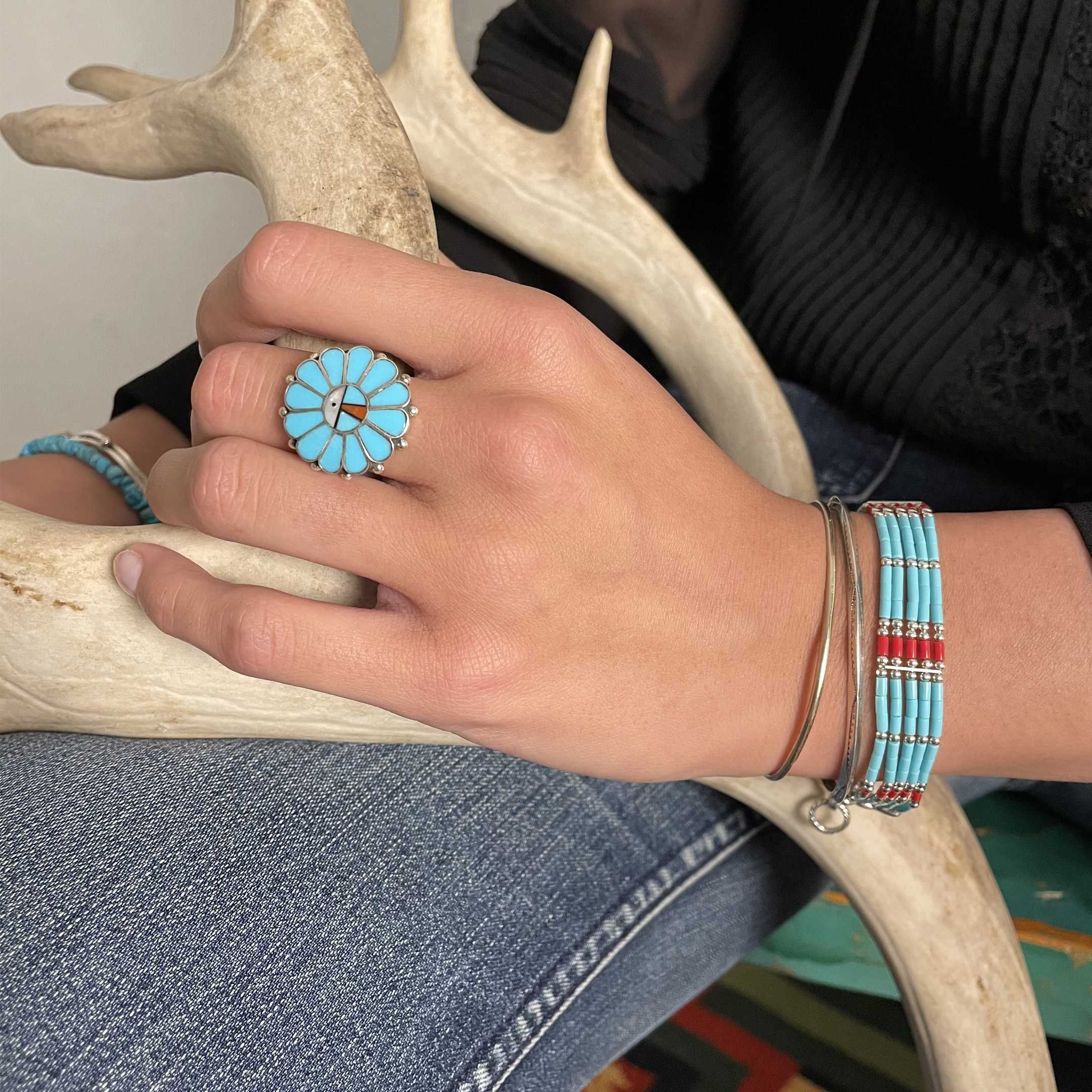 Zuni Sunface ring in turquoise inlay, for women, BA913 | Harpo Paris