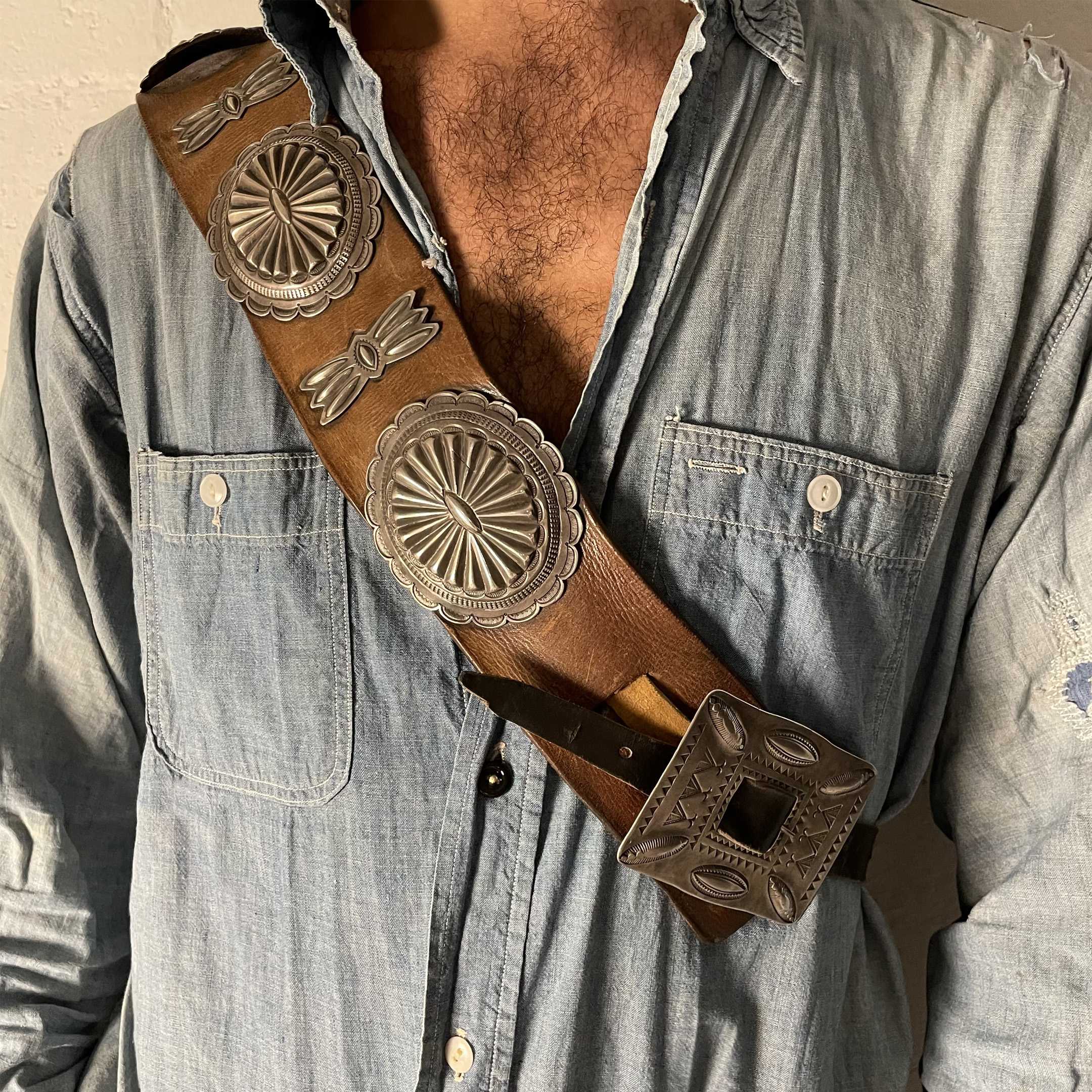 Vintage Concho Belt Circa 1950' in Sterling Silver on Brown Leather MIS10 - Harpo Paris